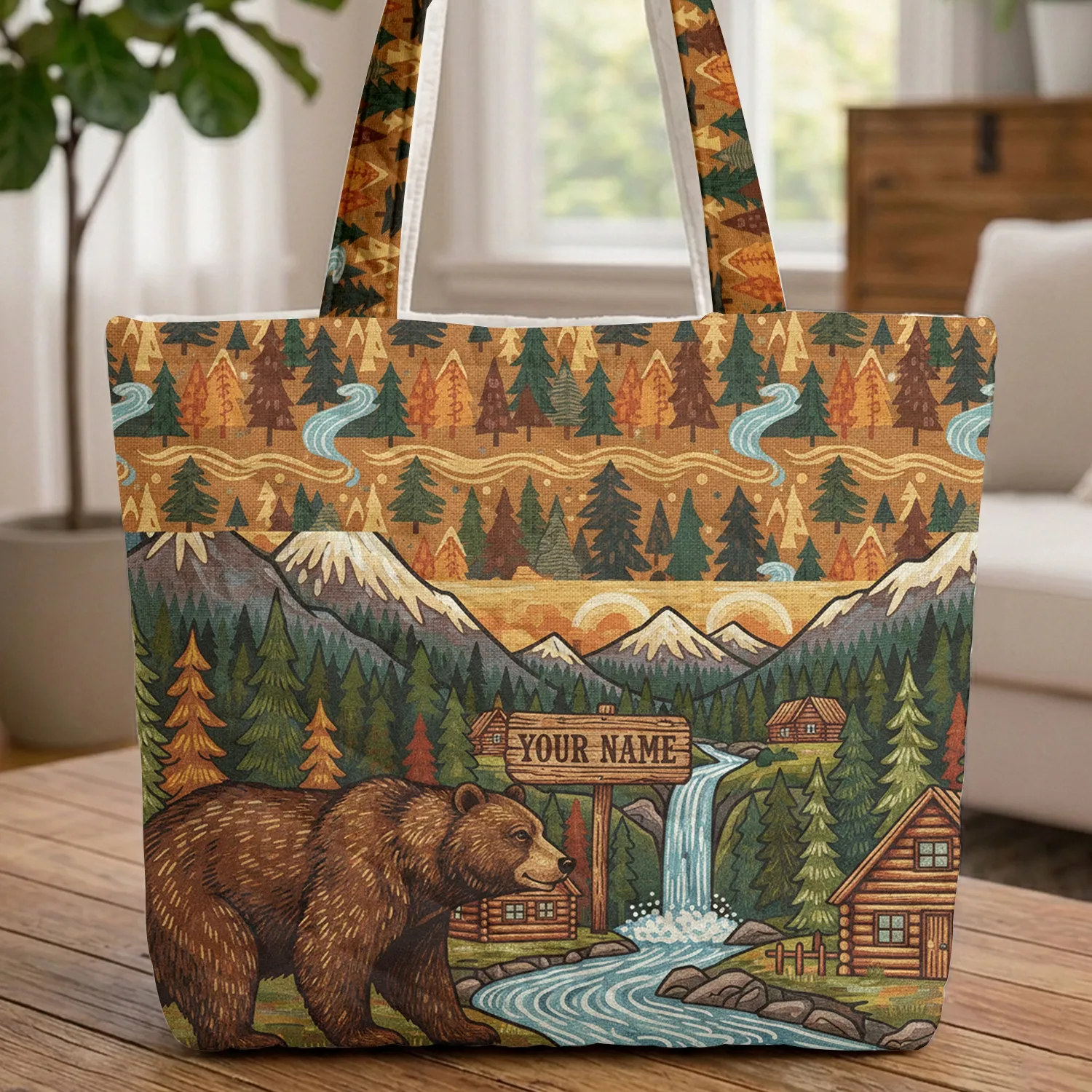 Brown Bear Log Cabin Forest River Waterfall - Wildlife Lover Everyday Carry Gift Quilted Tote Bag - 1