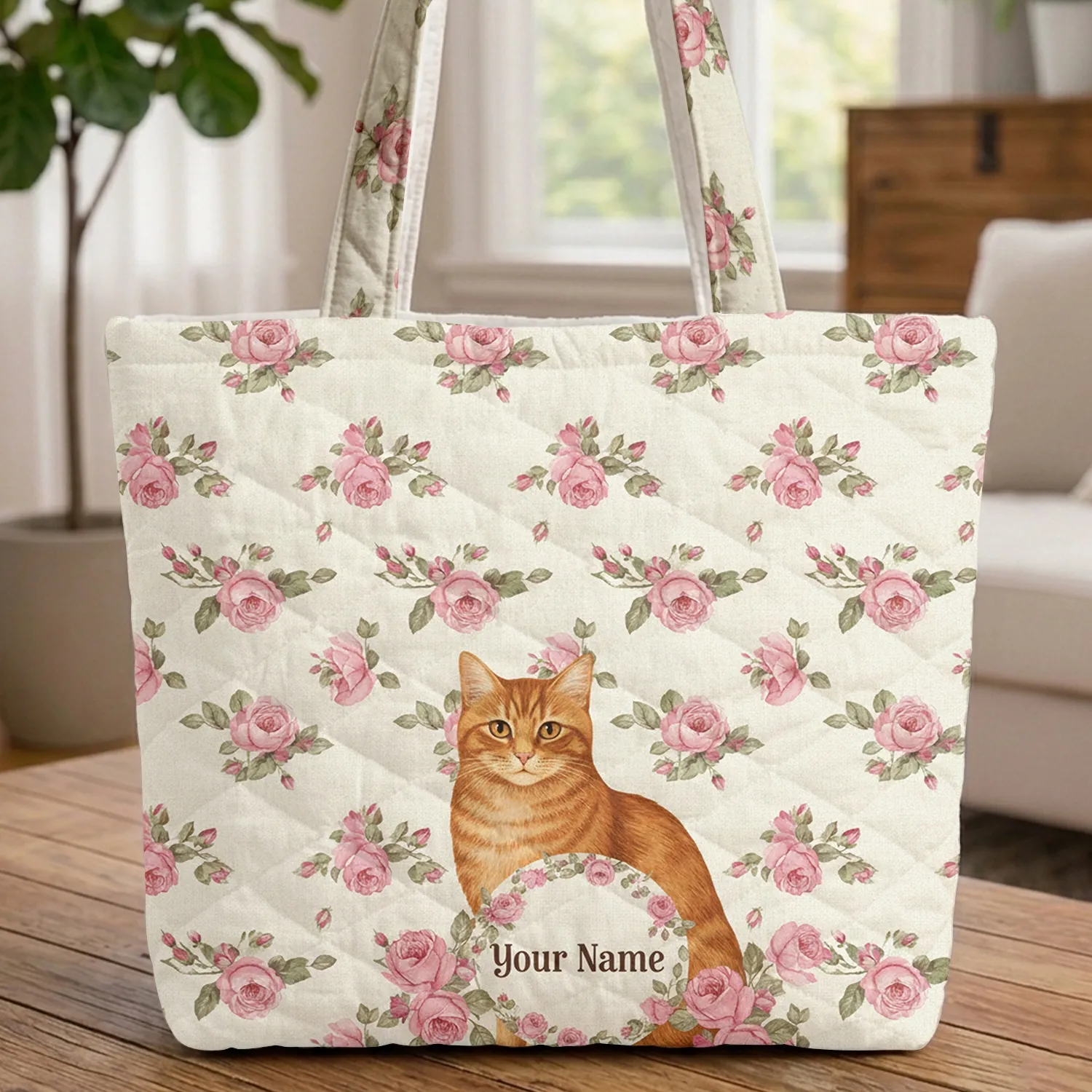 Orange Tabby Cat Pink Rose Floral Wreath Everyday Carry Gift Personalized Cat Lover Quilted Tote Bag - 1