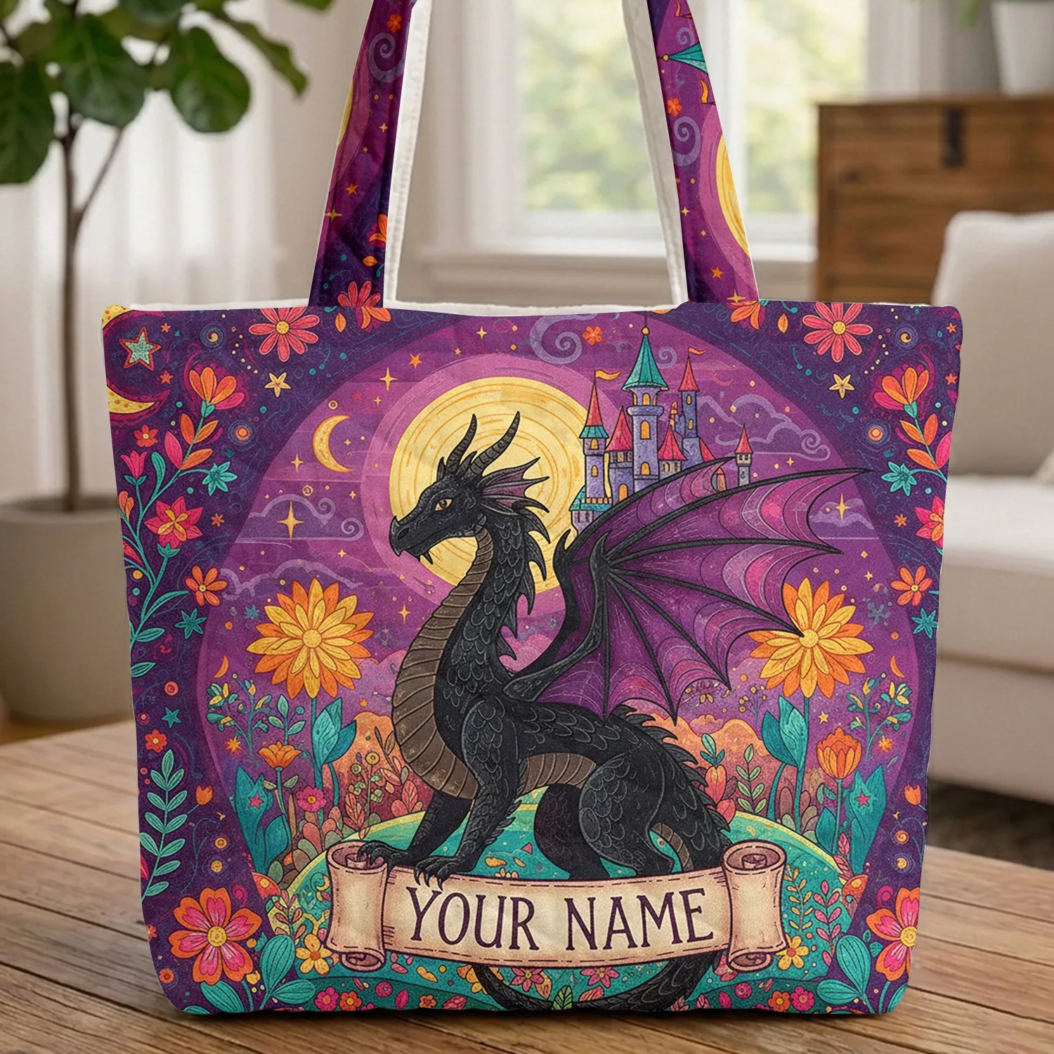 Majestic Black Dragon Purple Wings Everyday Carry Gift for Dragon Lover Quilted Tote Bag - 1