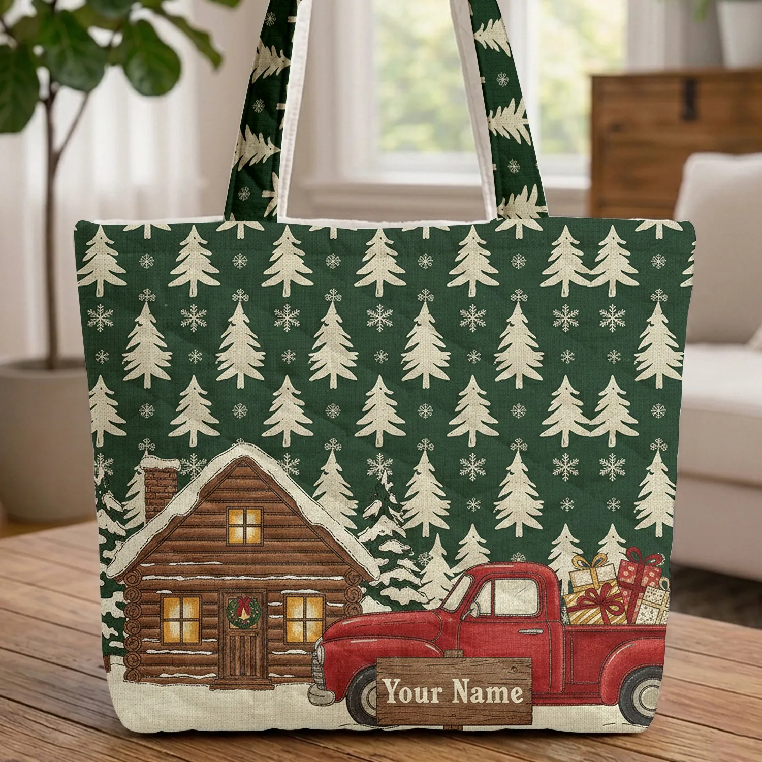 Cozy Log Cabin Red Pickup Christmas Gifts Snowy Pine - Christmas Everyday Carry Quilted Tote Bag - 1