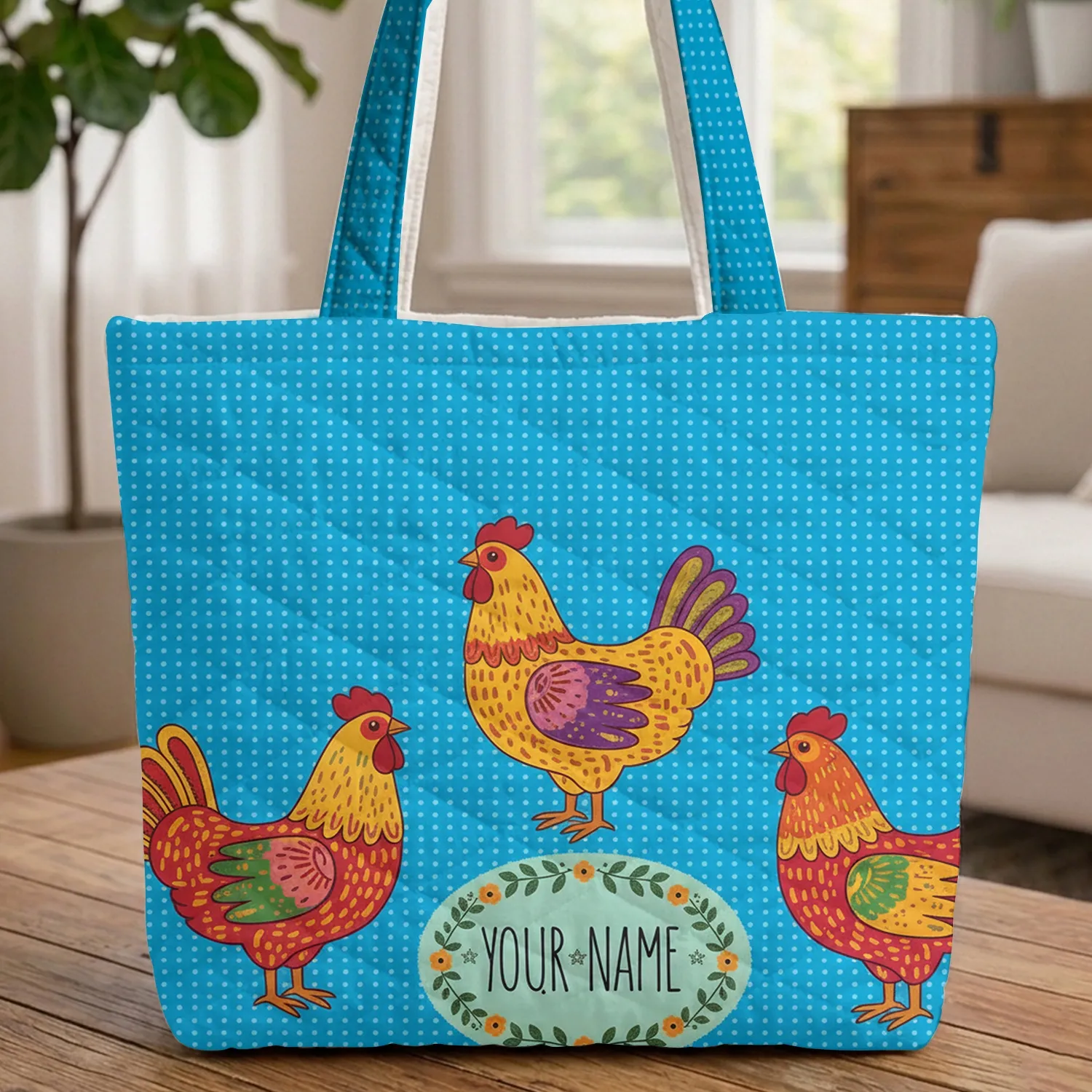 Three Chickens Blue Dot Background Small Floral Wreath Custom Name - Everyday Carry Gift Quilted Tote Bag - 1