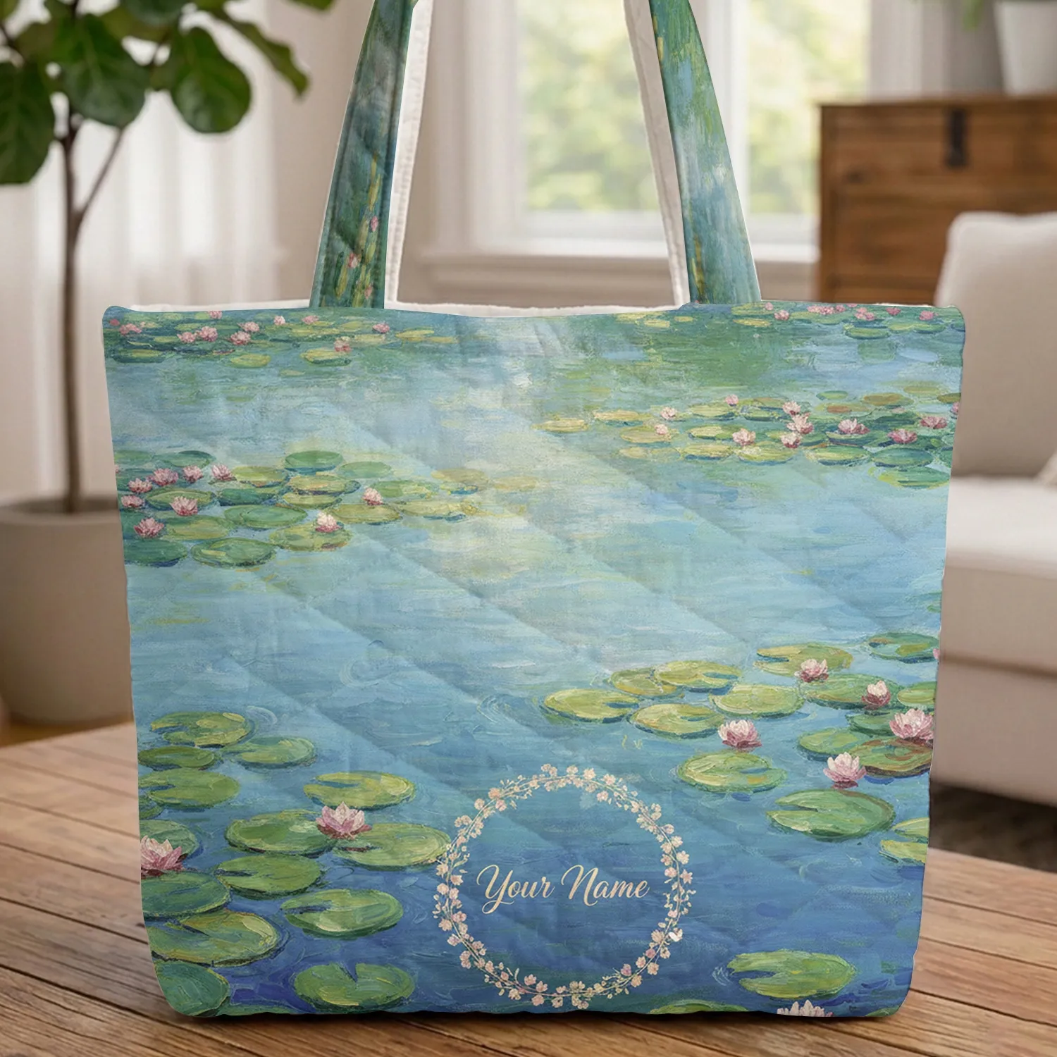 Sunlit Pond Water Lily Floral Wreath with Floating Lily Pads - Everyday Carry Flower Lover Gift Quilted Tote Bag - 1