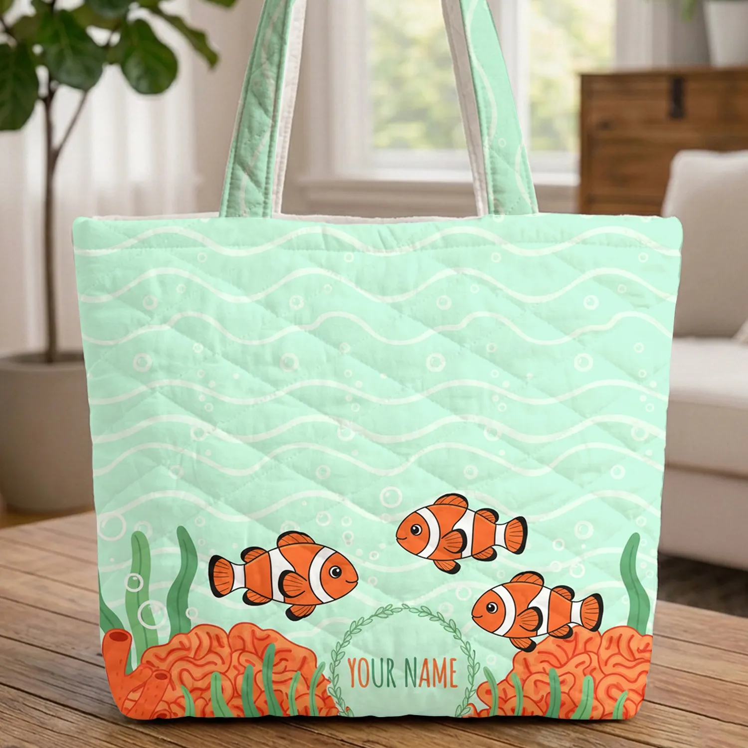 Clownfish Orange Coral Seaweed Ripples - Everyday Carry Gift for Ocean Lover Quilted Tote Bag - 1