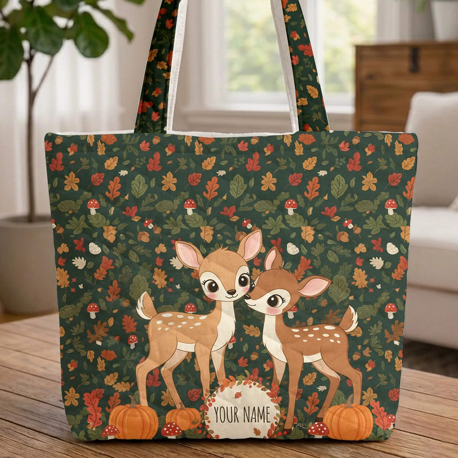 Young Deer Autumn Forest Foliage Leaves Berries Garland - Everyday Carry Gift Quilted Tote Bag - 1