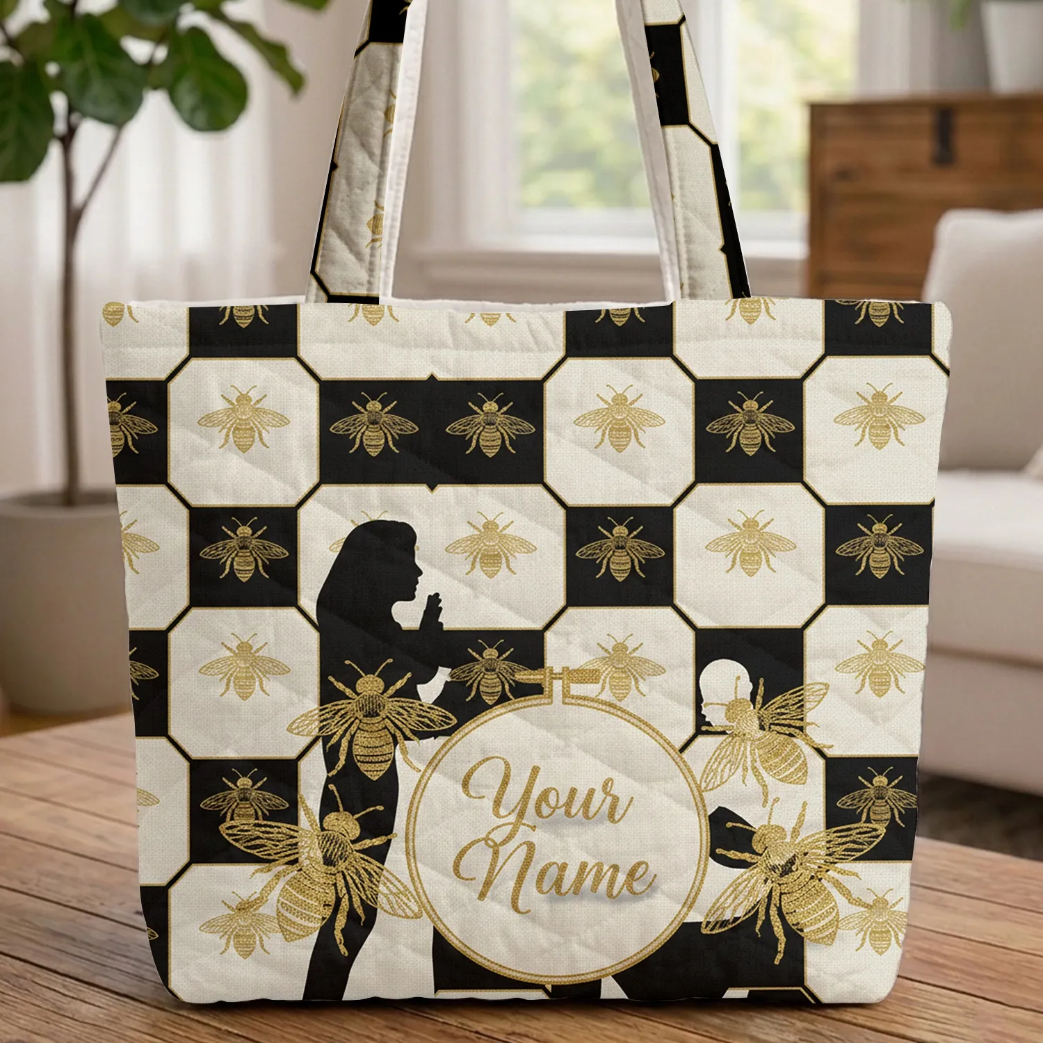 Golden Bee Honeycomb Personalized Name Hoop Frame - Everyday Carry Gift for Bee Lovers Quilted Tote Bag - 1