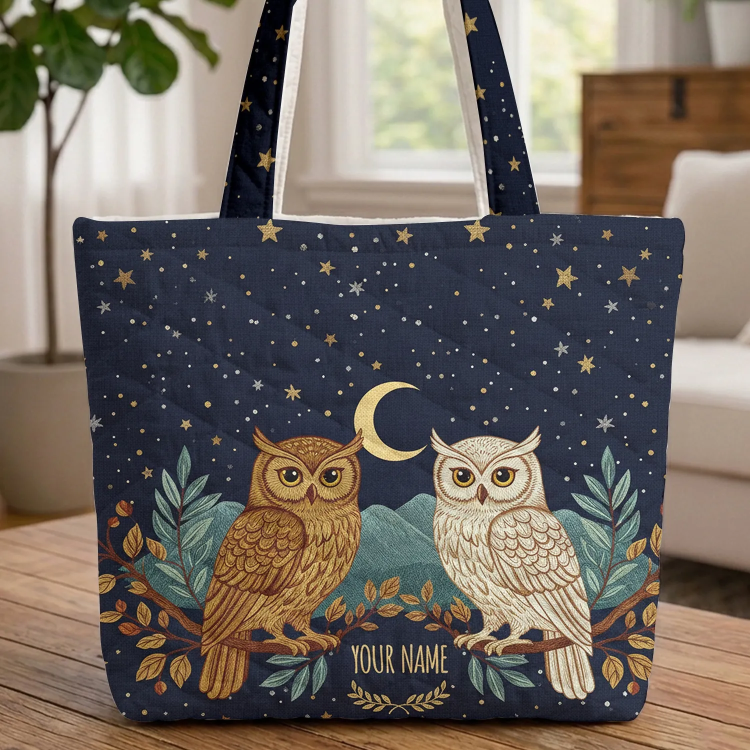 Majestic Owls Starry Night Crescent Moon - Everyday Carry Gift for Owl Lover Quilted Tote Bag - 1