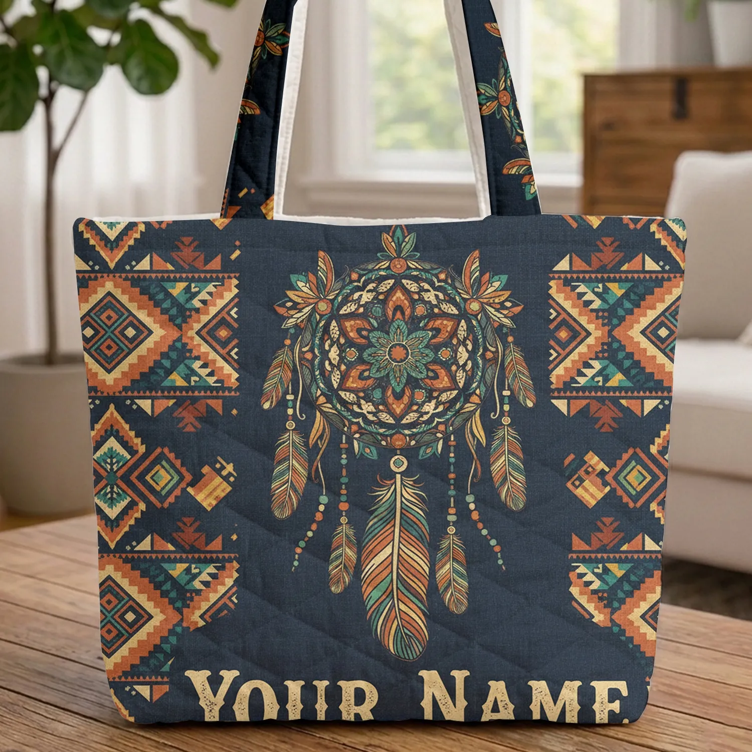 Western Name Dreamcatcher Medallion Tribal Patchwork Everyday Carry Gift Quilted Tote Bag - 1