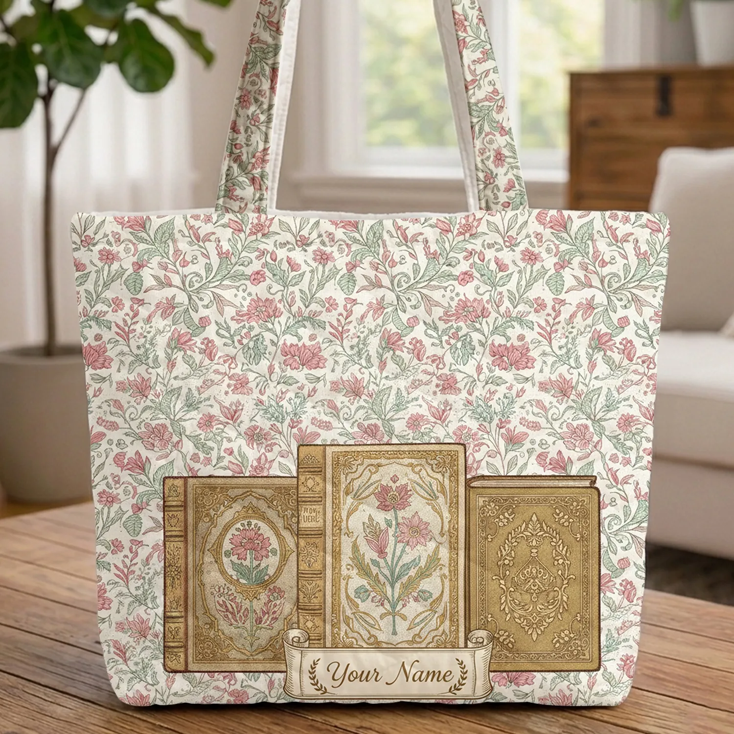 Ornate Vintage Books Gold Embossed Botanical Wildflowers Personal Scroll Everyday Carry Gift Quilted Tote Bag - 1