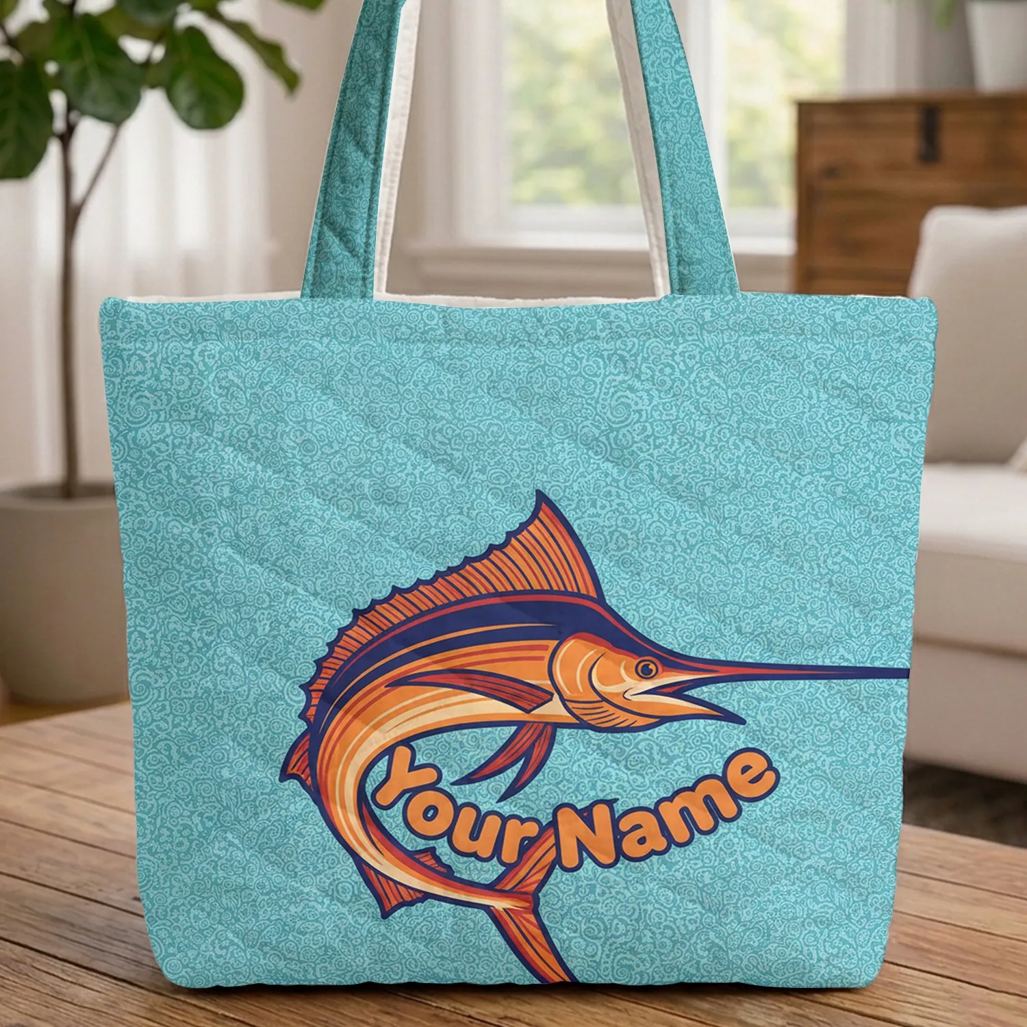 Underwater Ripples Marlin Billfish Your Name Travel Essentials Wildlife Lover Gift Quilted Tote Bag - 1