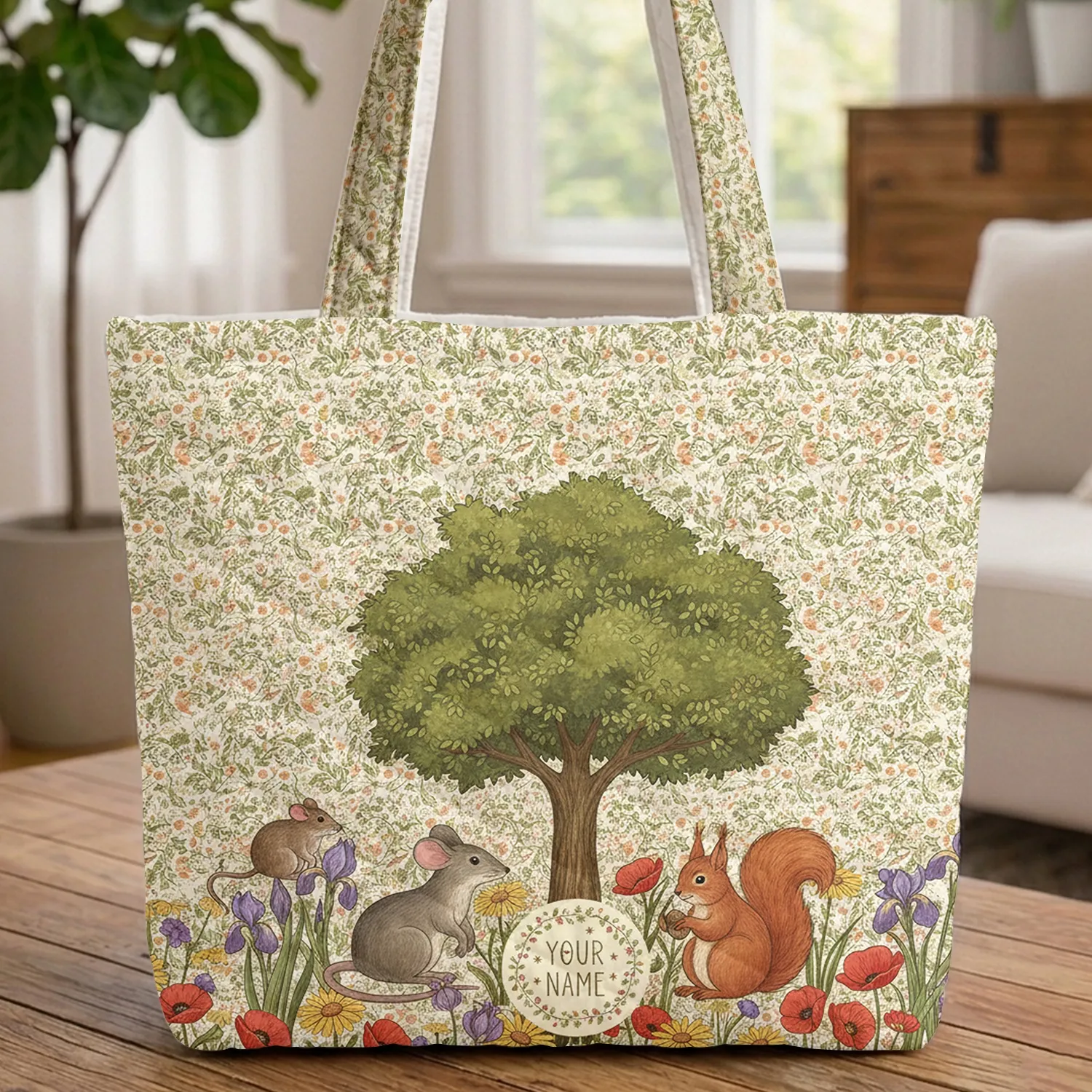 Personalized Woodland Tree Squirrel Wildflower - Everyday Carry Gift Quilted Tote Bag - 1