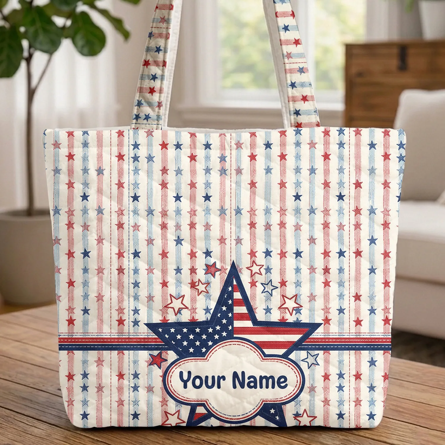 Patriotic Star American Flag Personalized Name - Independence Day Gift for Veterans Quilted Tote Bag - 1