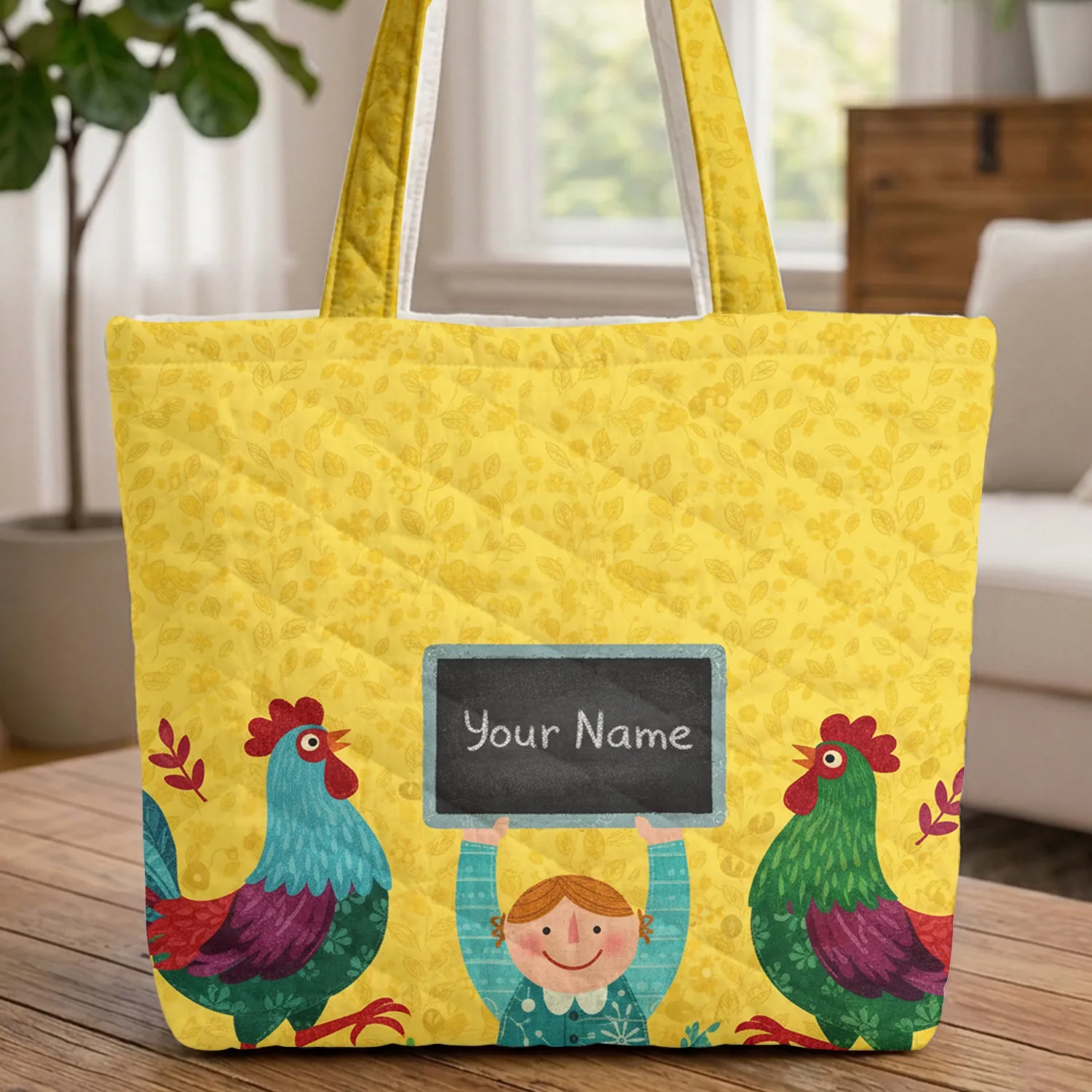 Colorful Chickens Roosters Scattered Leaf Chalkboard Name - Everyday Carry Gift Quilted Tote Bag - 1