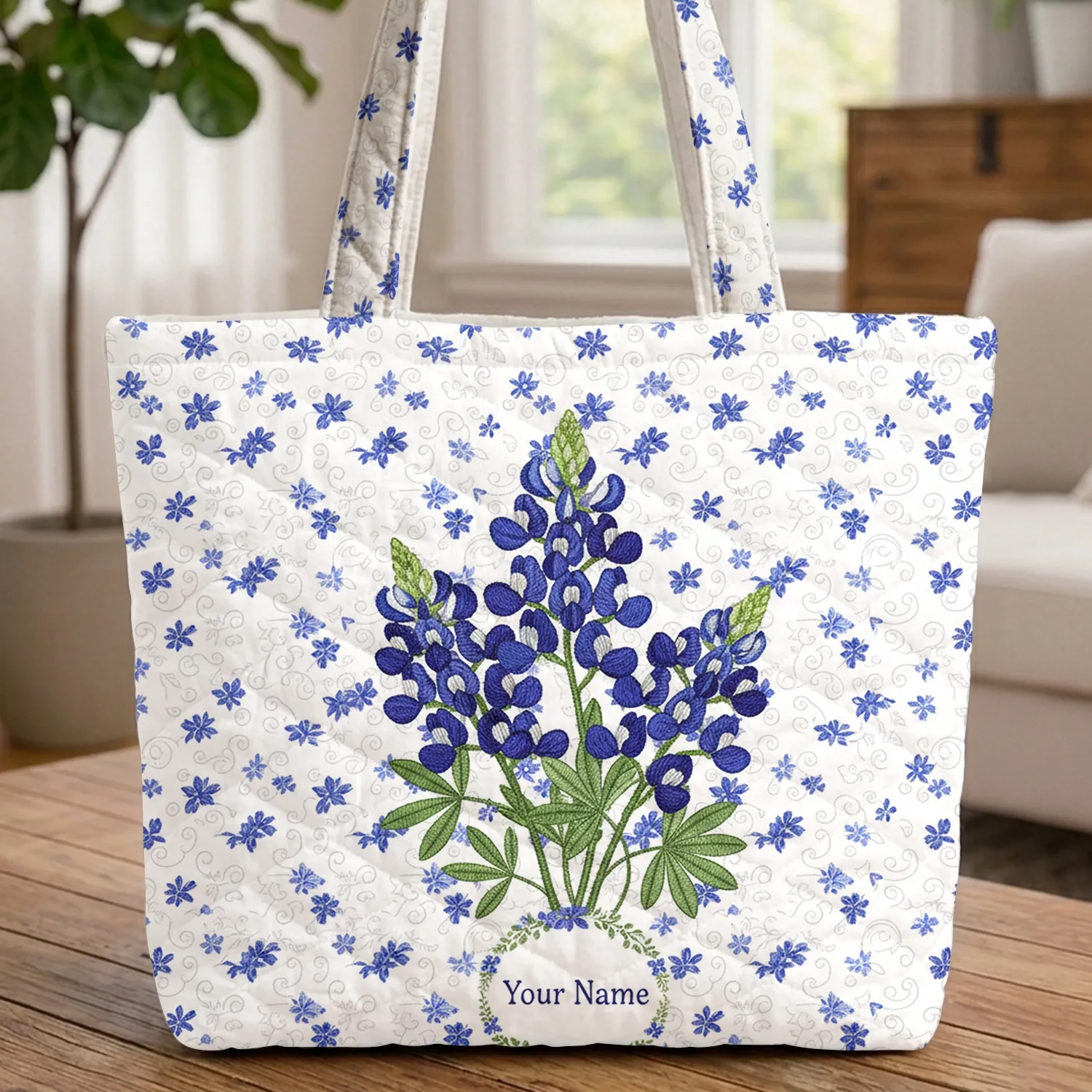 Bluebonnet Garden Flowers Green Leaves Floral Wreath - Everyday Carry Travel Gift Quilted Tote Bag - 1