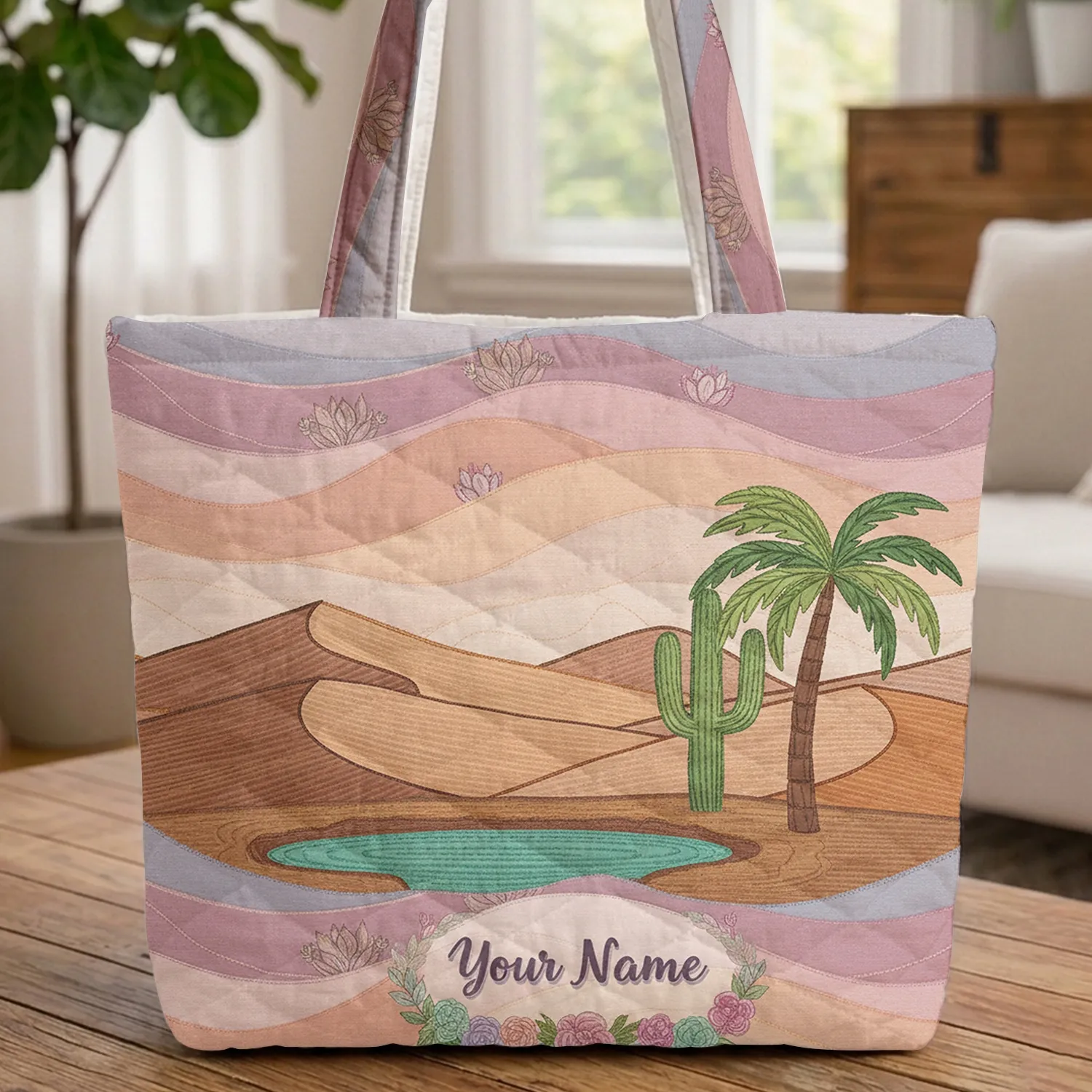 Desert Oasis Landscape Succulent Name Garland - Travel Essentials Quilted Tote Bag - 1