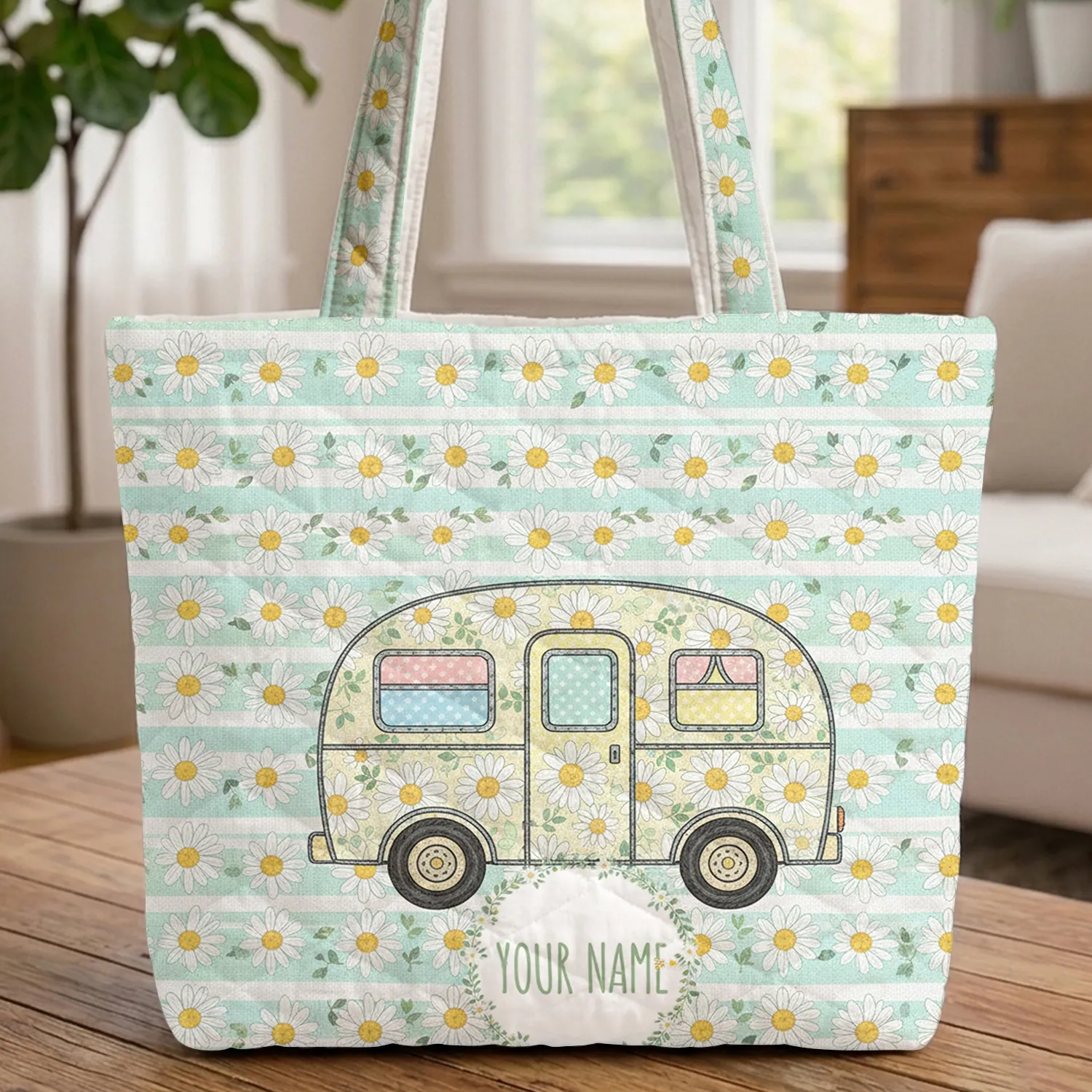 Ornate Pastel Camper Van Daisy Field Floral Wreath Road Trip Travel Essentials Quilted Tote Bag - 1