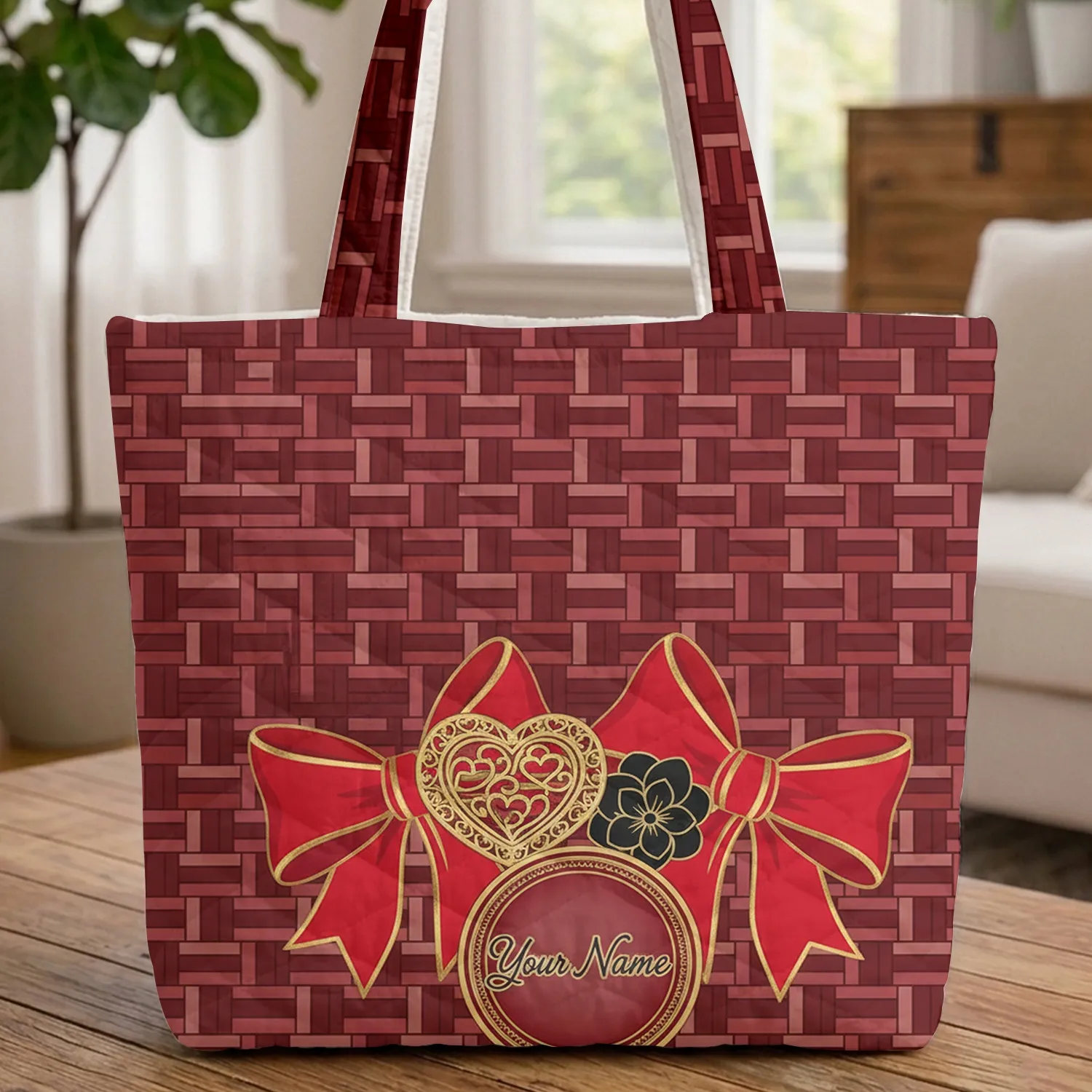 Basket Weave Ornate Bows Filigree Heart Charm Medallion - Everyday Carry Gift Quilted Tote Bag - 1