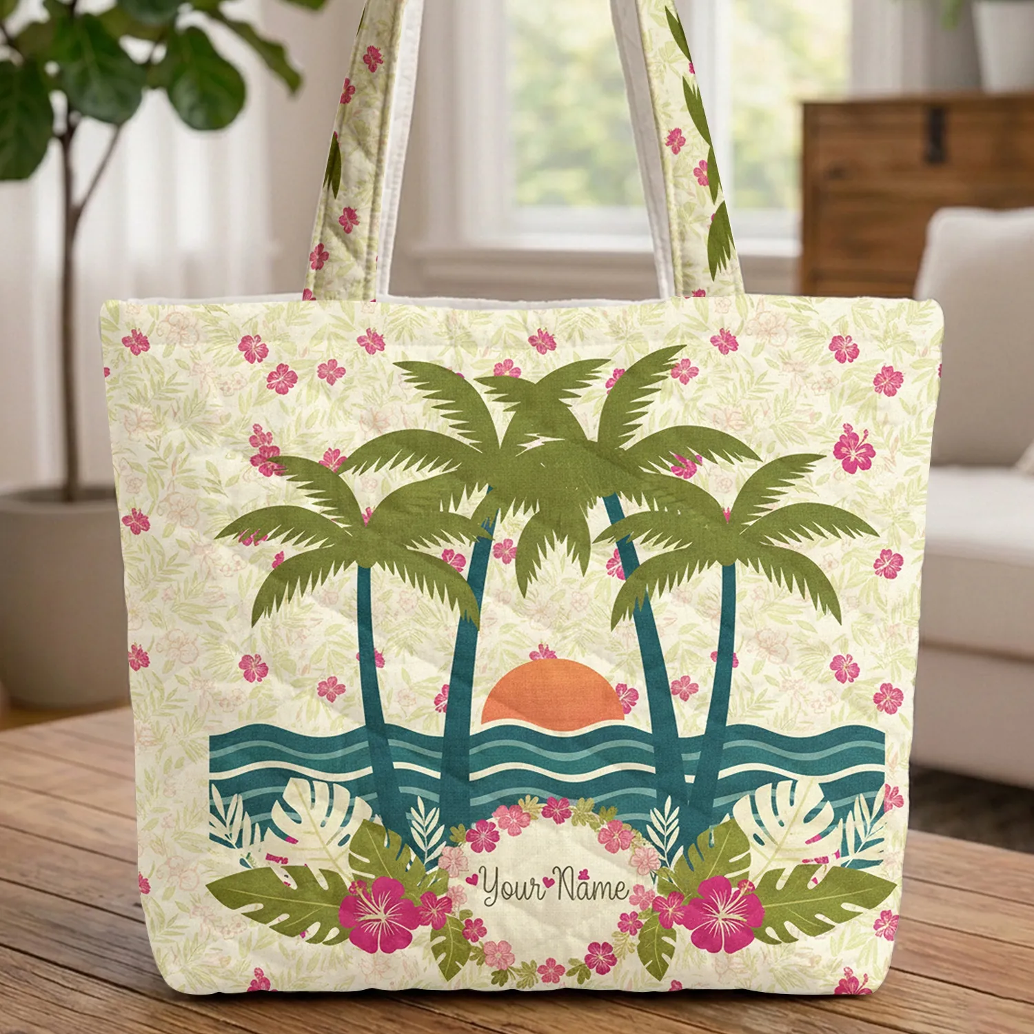 Tropical Sunset Palm Trees Ocean Hibiscus Name Wreath - Everyday Carry Gift Quilted Tote Bag - 1