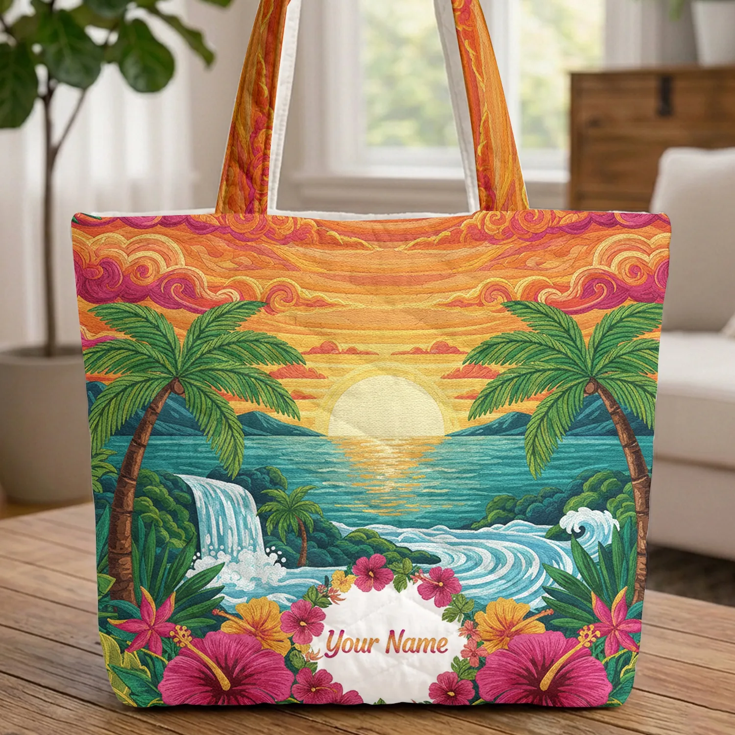 Tropical Island Waterfall Sunset Palm Trees Ocean Vista Travel Essentials Gift Quilted Tote Bag - 1