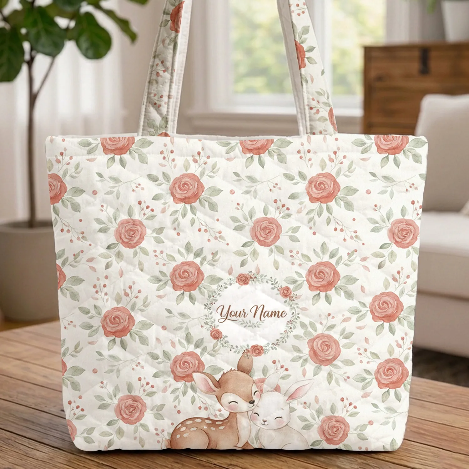 Baby Deer Bunny Wild Rose Berries - Everyday Carry Gift for Child Quilted Tote Bag - 1