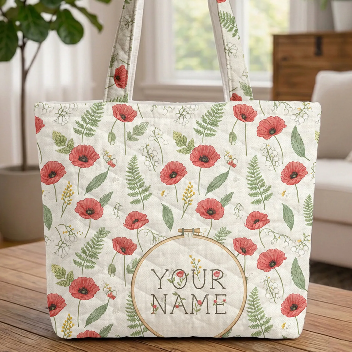 Poppies Lily of the Valley Fern Fronds Floral Everyday Carry Personalized Gift Quilted Tote Bag - 1
