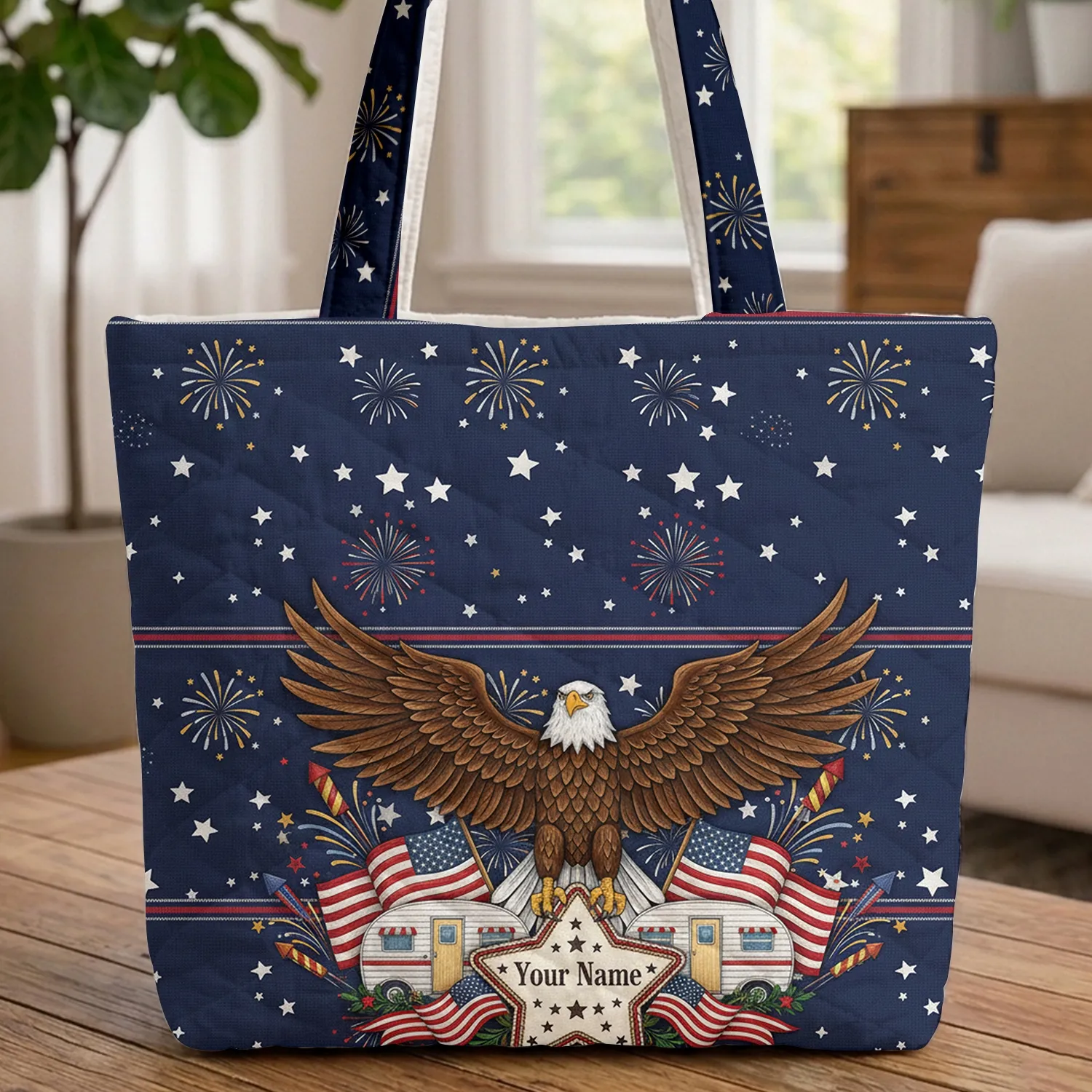 Bald Eagle American Flag Stars Fireworks Vintage Camper Independence Day Gift Quilted Tote Bag - 1