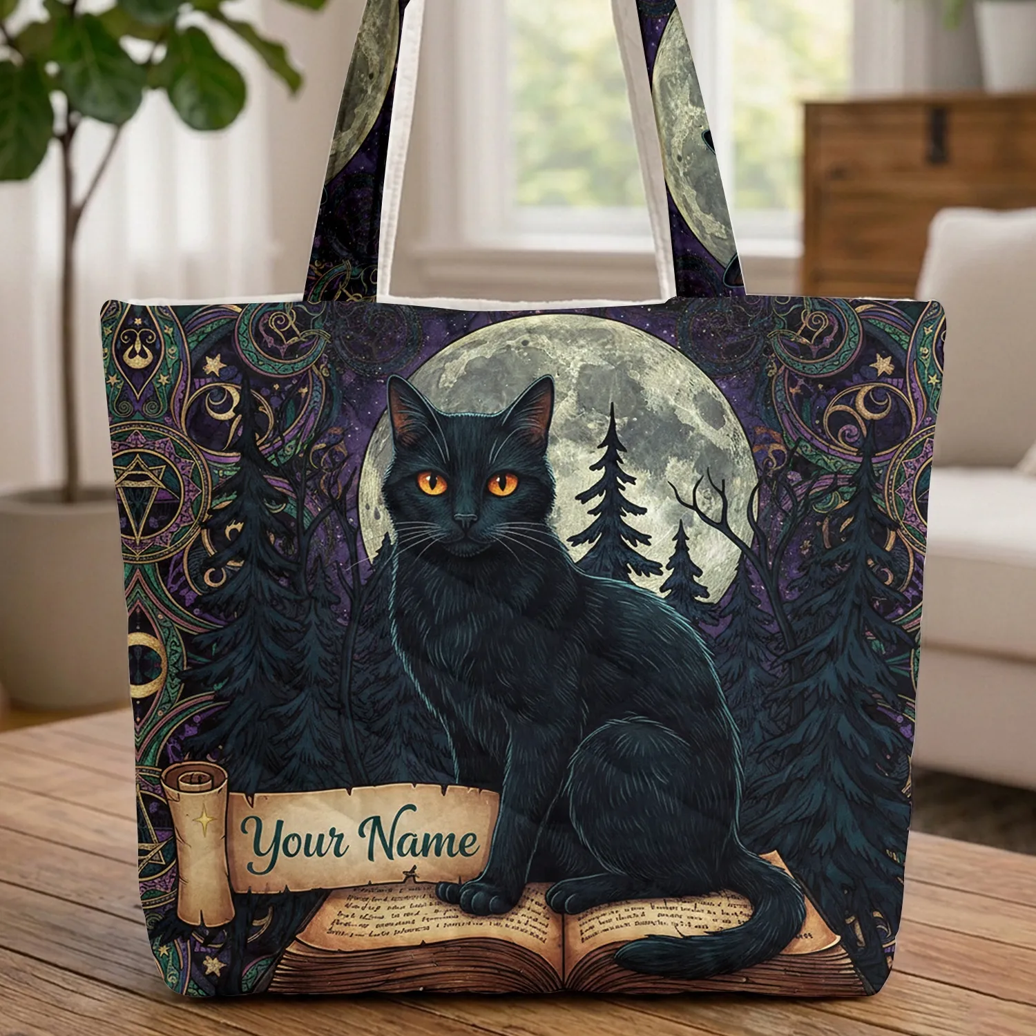Black Cat Glowing Eyes Spellbook Full Moon Pine Trees - Cat Lover Everyday Carry Quilted Tote Bag - 1
