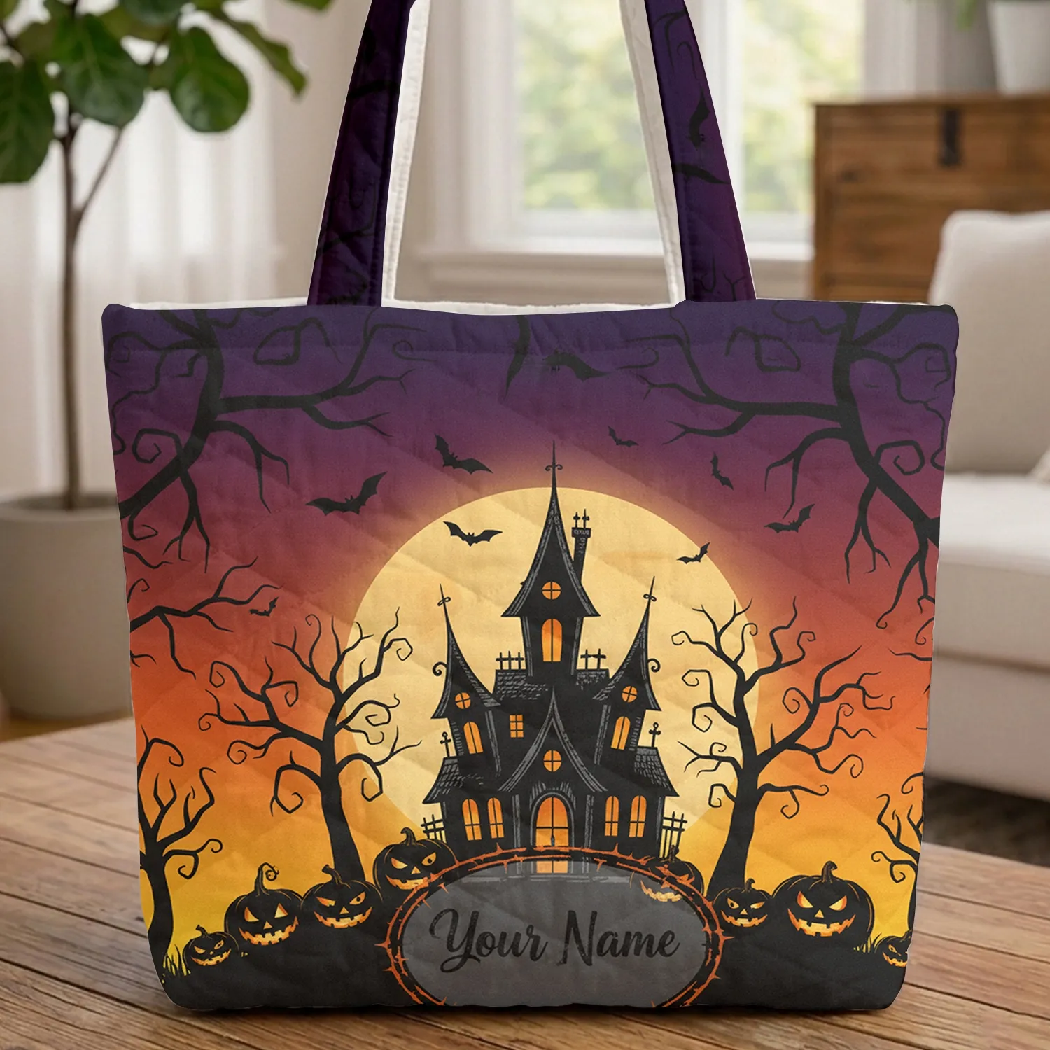Haunted Mansion Jack-O'-Lanterns Full Moon Thorns Bats - Halloween Spooky Season Carryall Quilted Tote Bag - 1