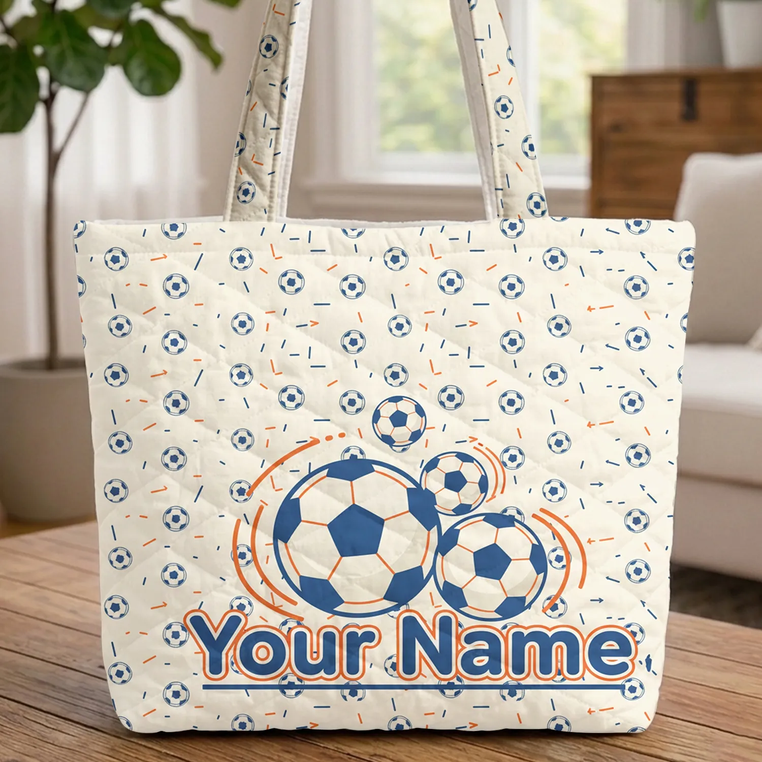 Grouped Soccer Balls Geometric Field Lines - Sports Activity Game Day Essentials for Players Quilted Tote Bag - 1