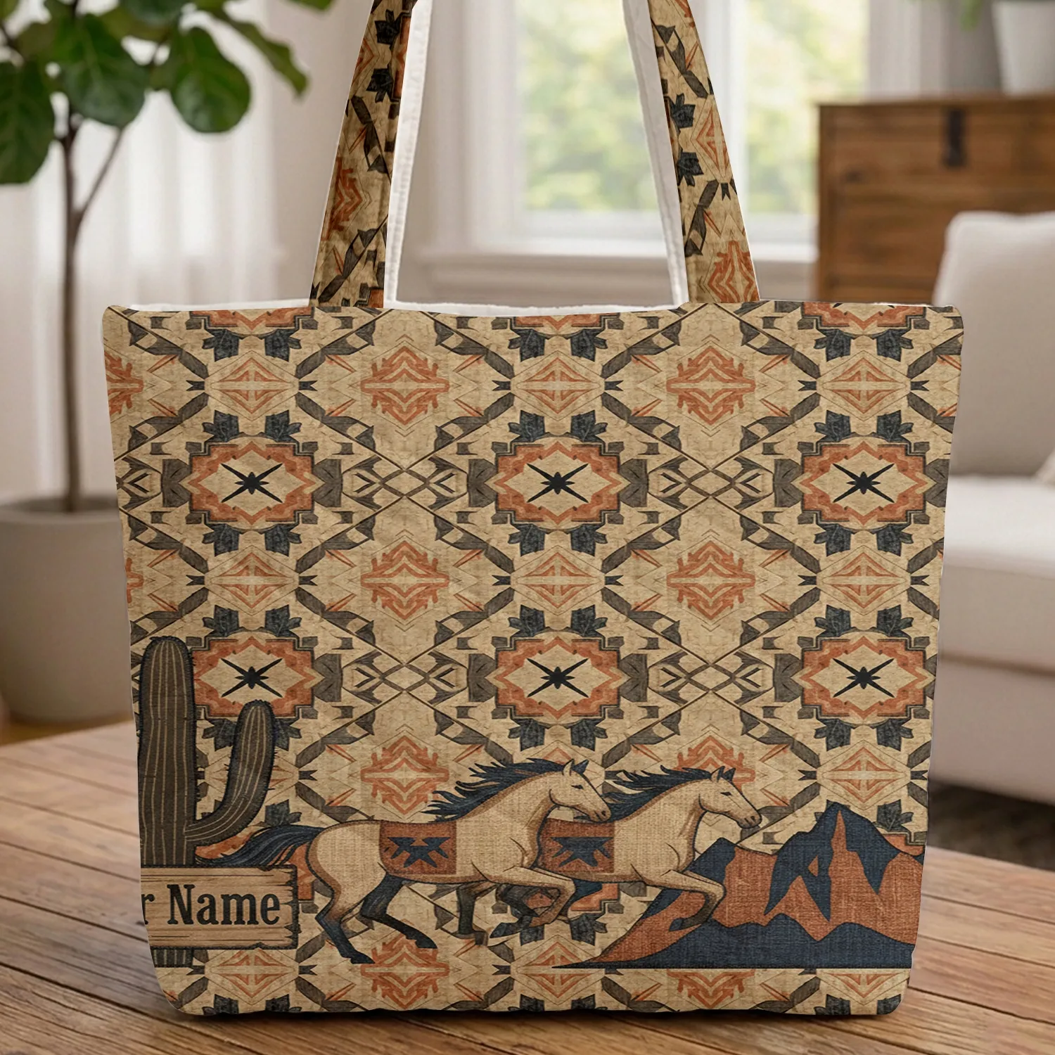 Western Running Horses Saguaro Cactus Desert Scene - Everyday Carry Gift for Horse Lover Quilted Tote Bag - 1