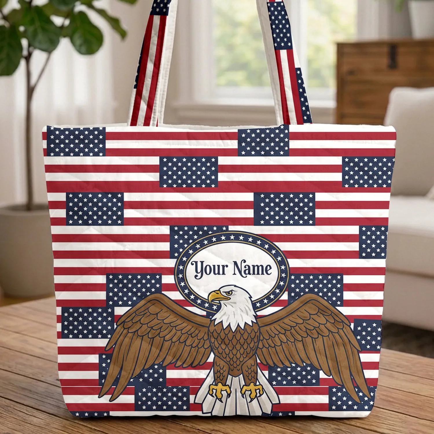 Majestic Bald Eagle American Flag Independence Day - Bird Lover Carry Gift Quilted Tote Bag - 1