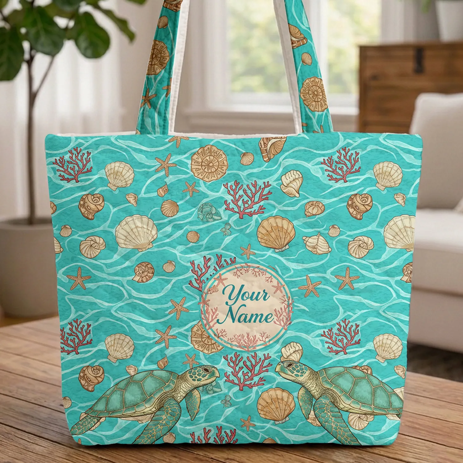 Sea Turtles Rippling Ocean Water Seashells Coral Your Name - Travel Gift Quilted Tote Bag - 1