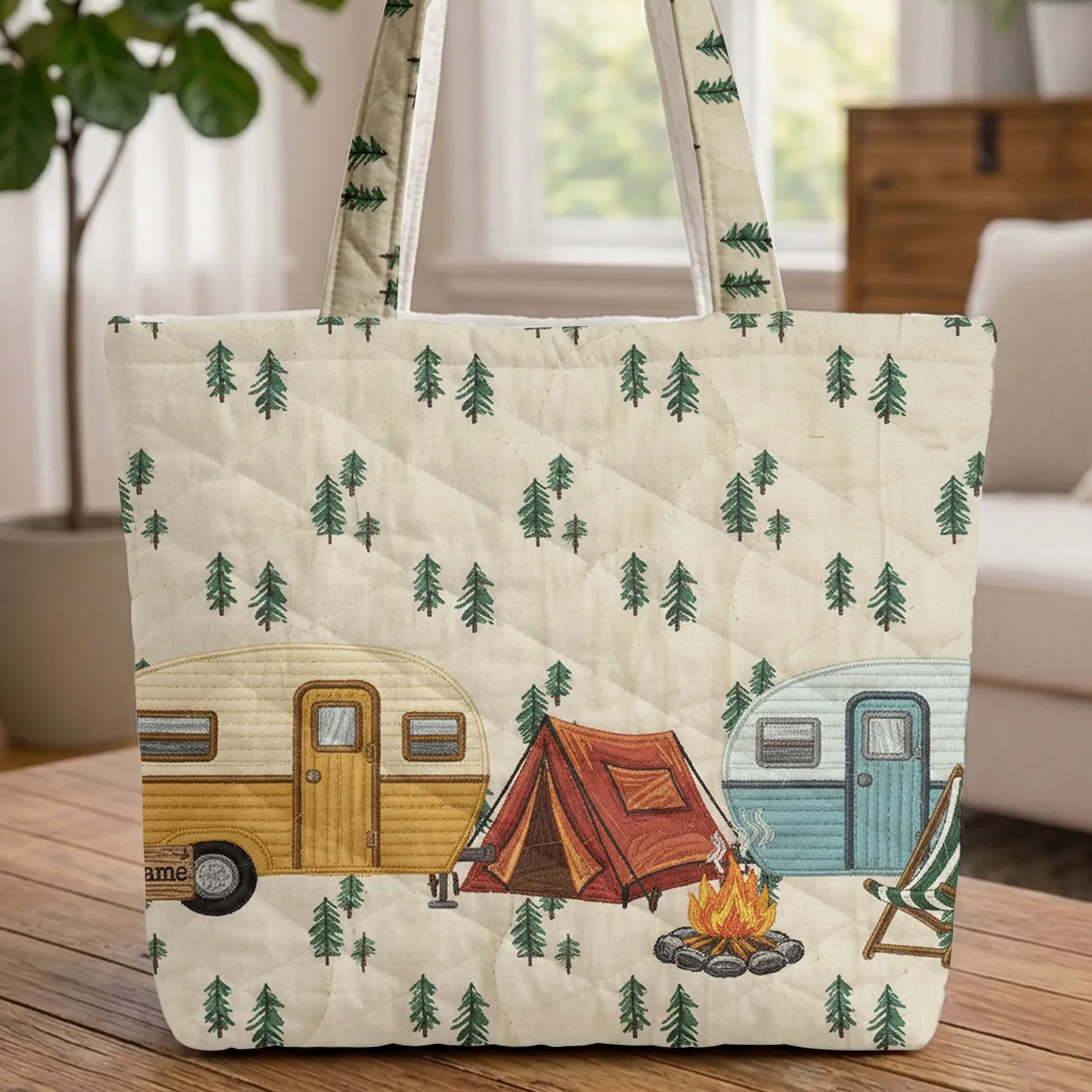 Personalized Retro RV Camping Tent Campfire Pine Trees Travel Essential Quilted Tote Bag - 1