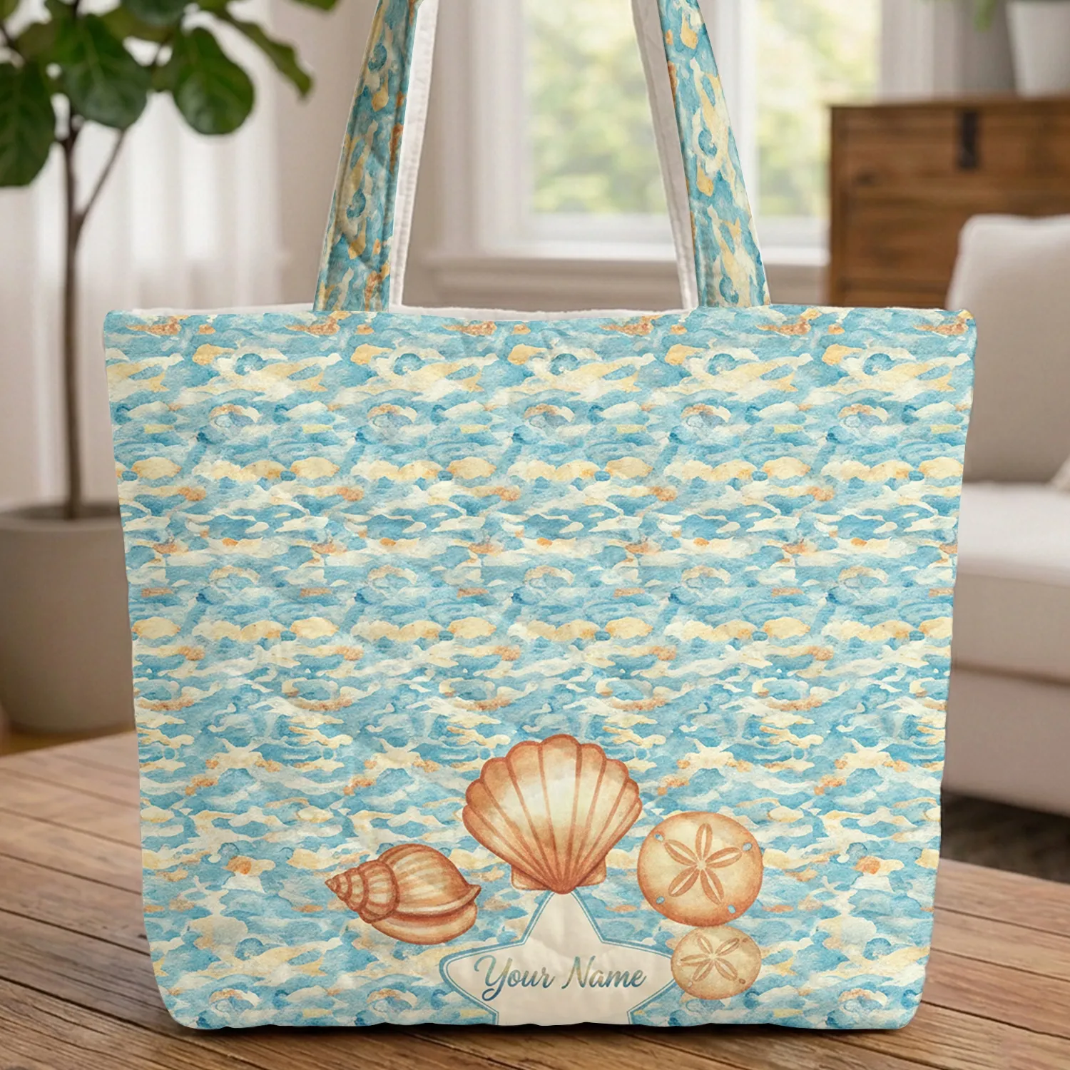 Seashell Sand Dollar Starfish Ocean Wave Everyday Carry Gift for Coastal Beach Lover Quilted Tote Bag - 1