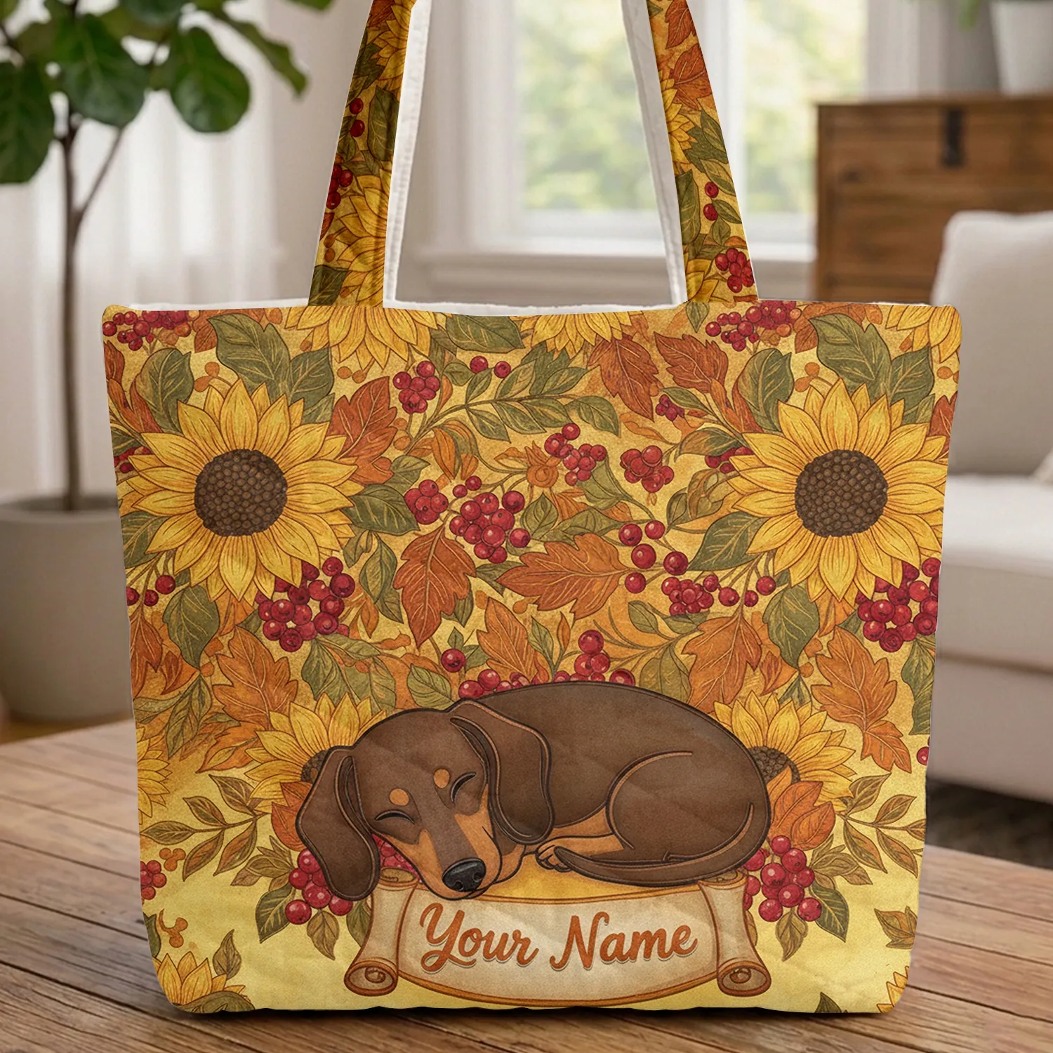 Sleeping Dachshund Sunflowers Autumn Leaves - Everyday Carry Gift for Dachshund Lover Quilted Tote Bag - 1