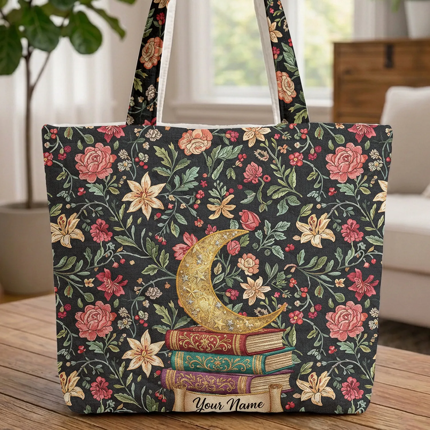 Golden Crescent Moon Books Botanical Flowers Name Scroll - Everyday Carry Gift Quilted Tote Bag - 1