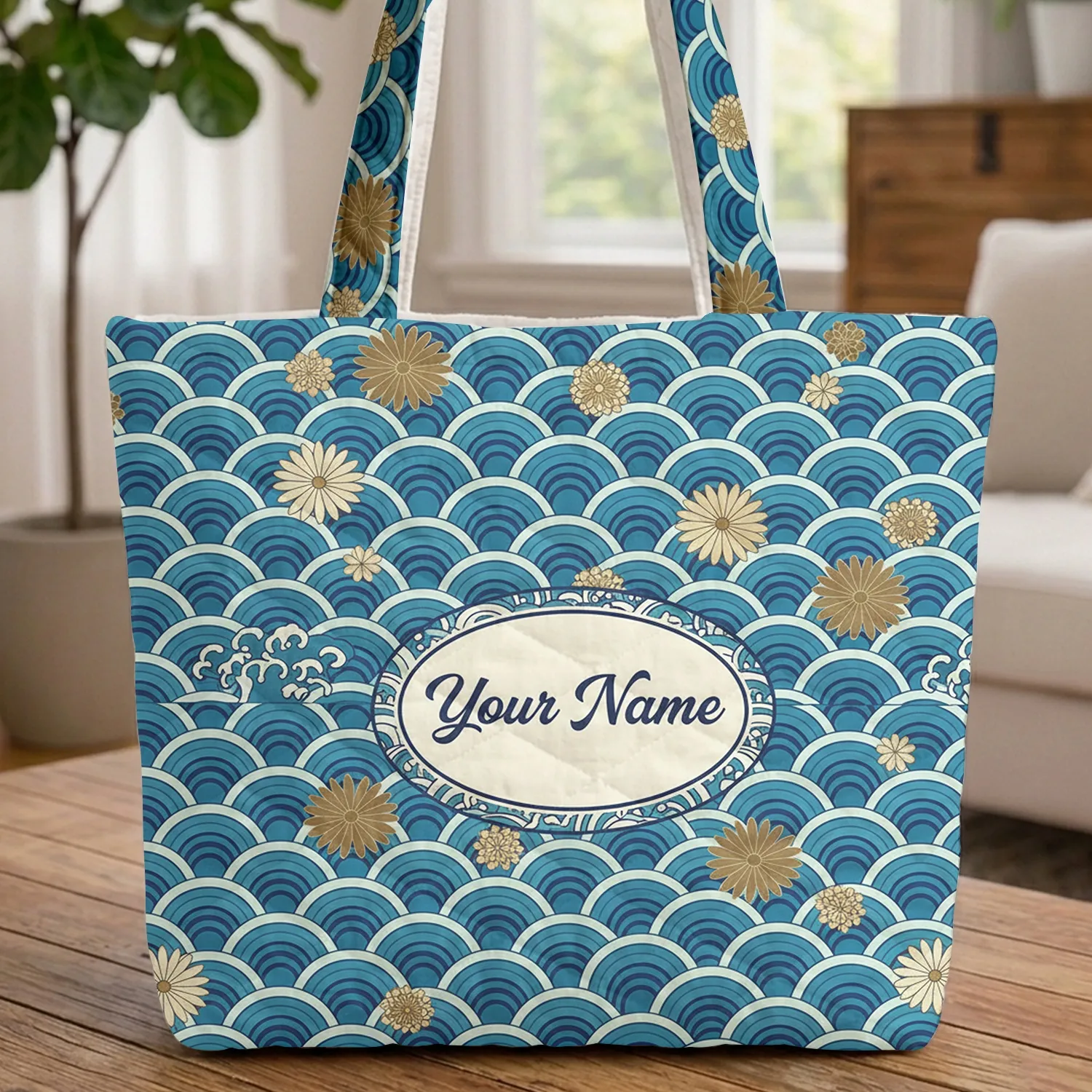 Japanese Waves Chrysanthemum Medallion - Everyday Carry Gift Quilted Tote Bag - 1