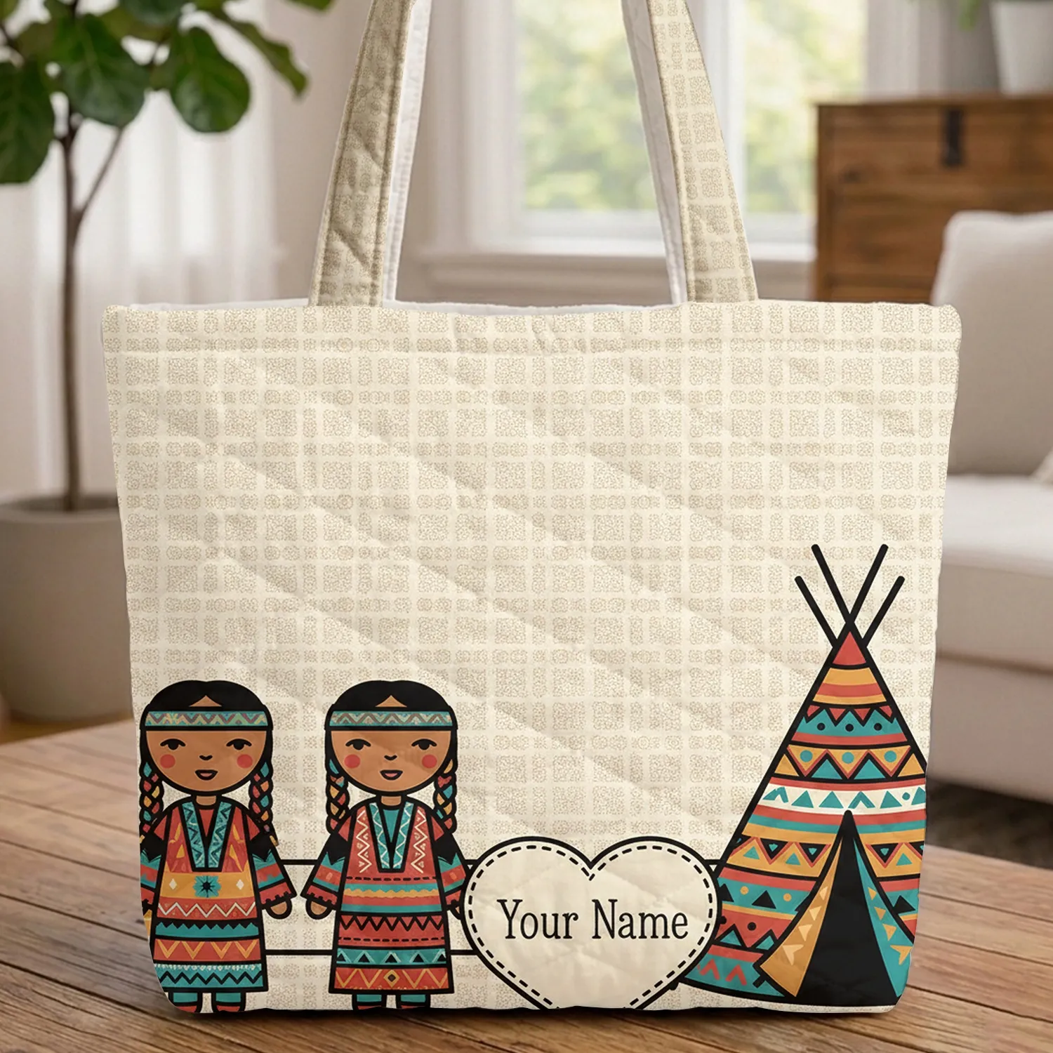 Indigenous Girls Tipi Indigenous Motifs Heart Everyday Carry Gift Quilted Tote Bag - 1