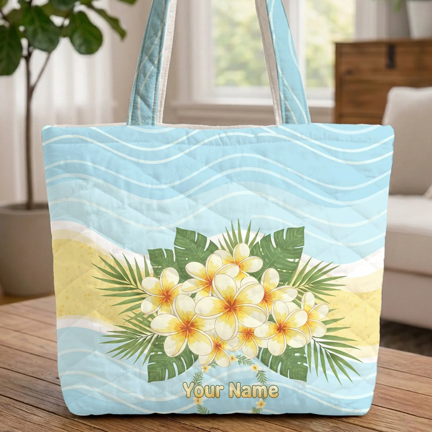 Tropical Plumeria Palm Leaf Personalized Name - Travel Essentials for Her Quilted Tote Bag - 1
