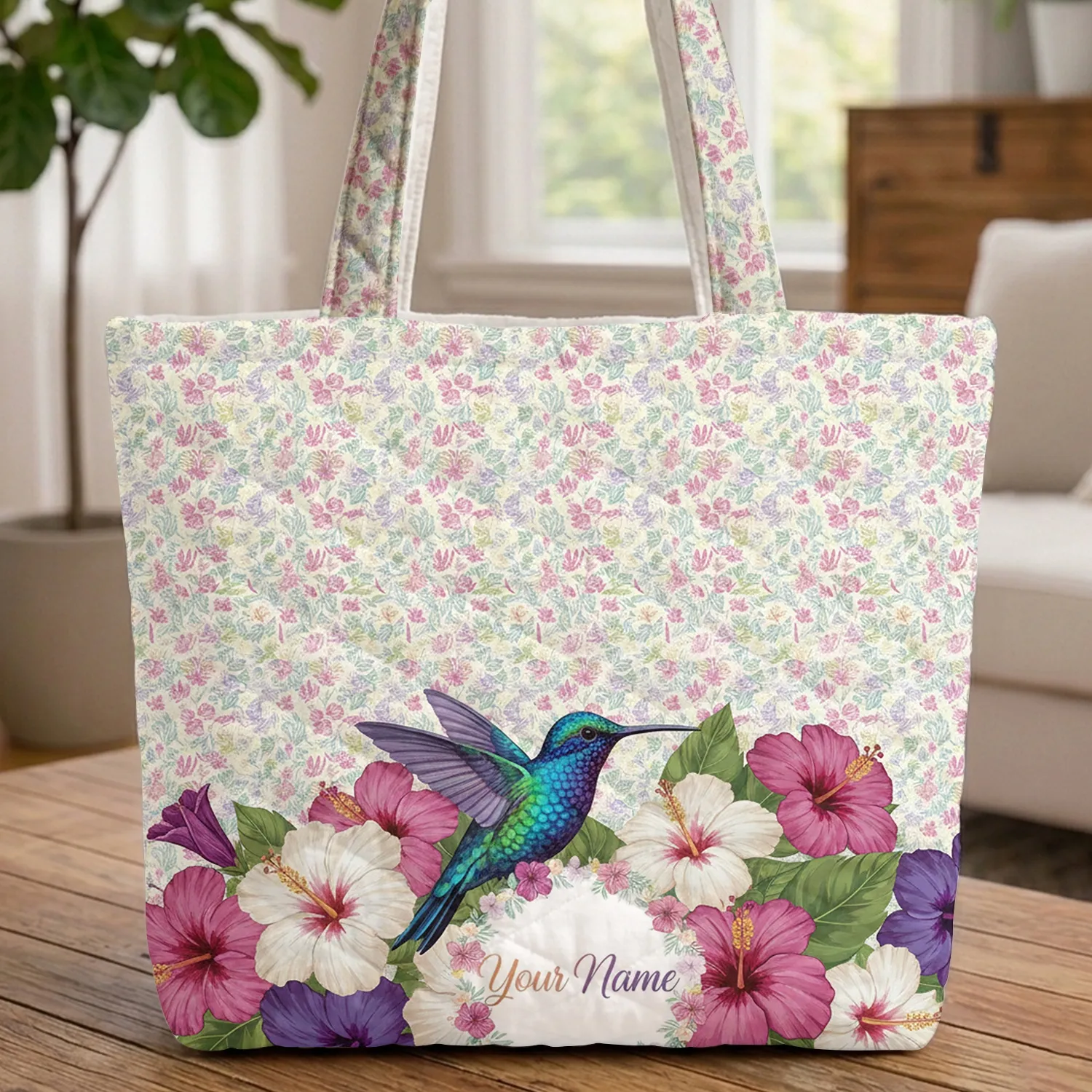 Hummingbird Tropical Hibiscus Floral - Wildlife Lover Travel Essential Quilted Tote Bag - 1