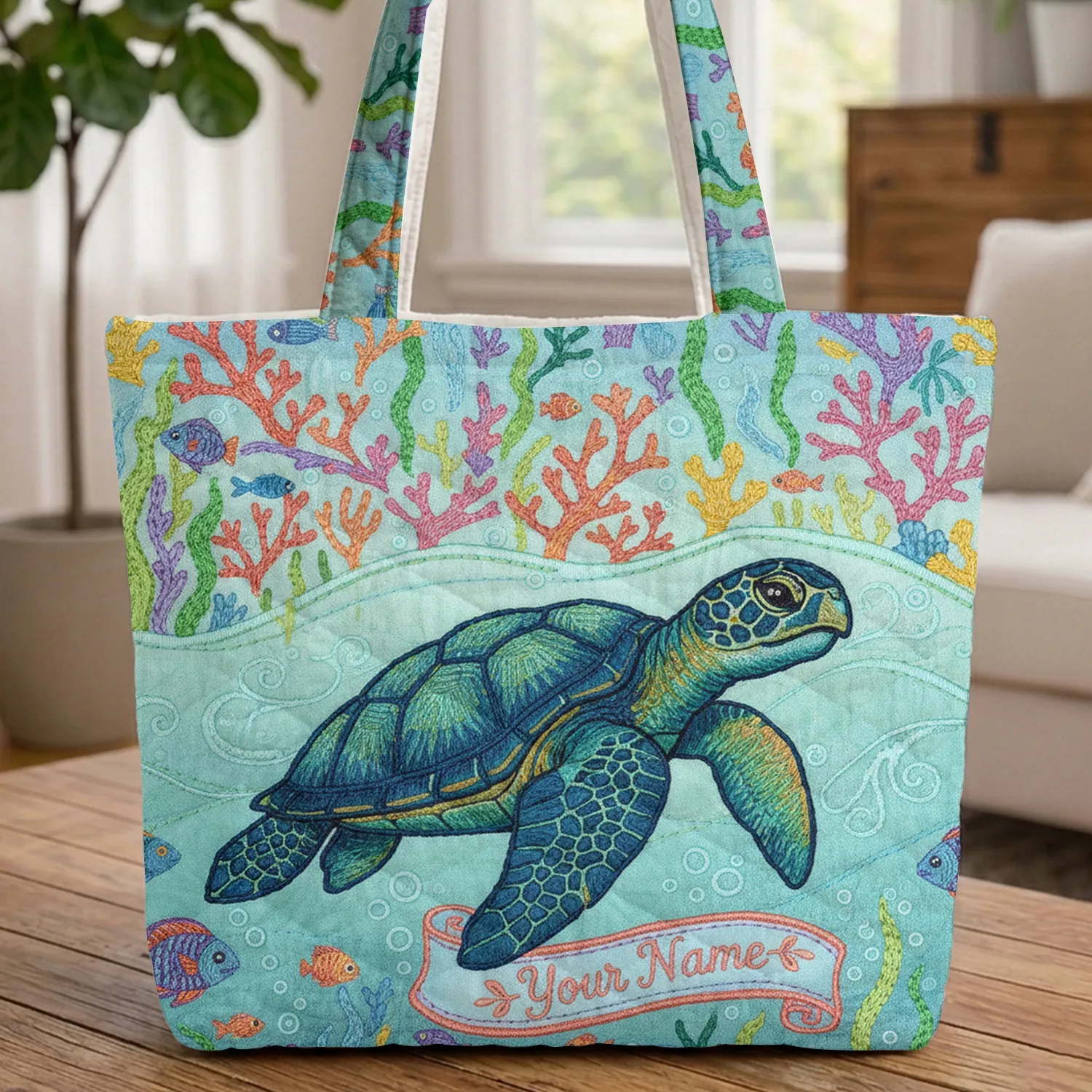 Personalized Sea Turtle Ocean Currents Coral Reef - Travel Essentials Quilted Tote Bag - 1