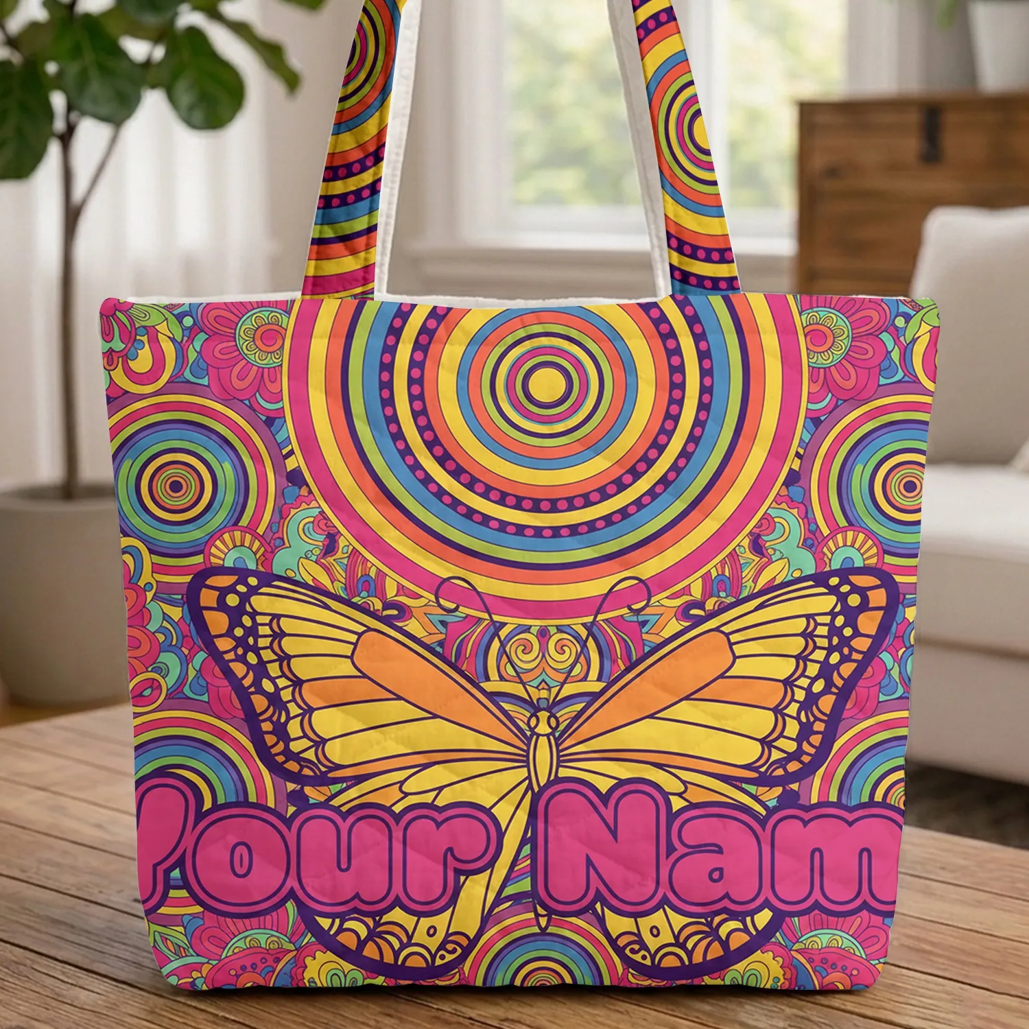Psychedelic Floral Butterfly Rainbow Stripes Bubble Letter Everyday Carry Gift Quilted Tote Bag - 1