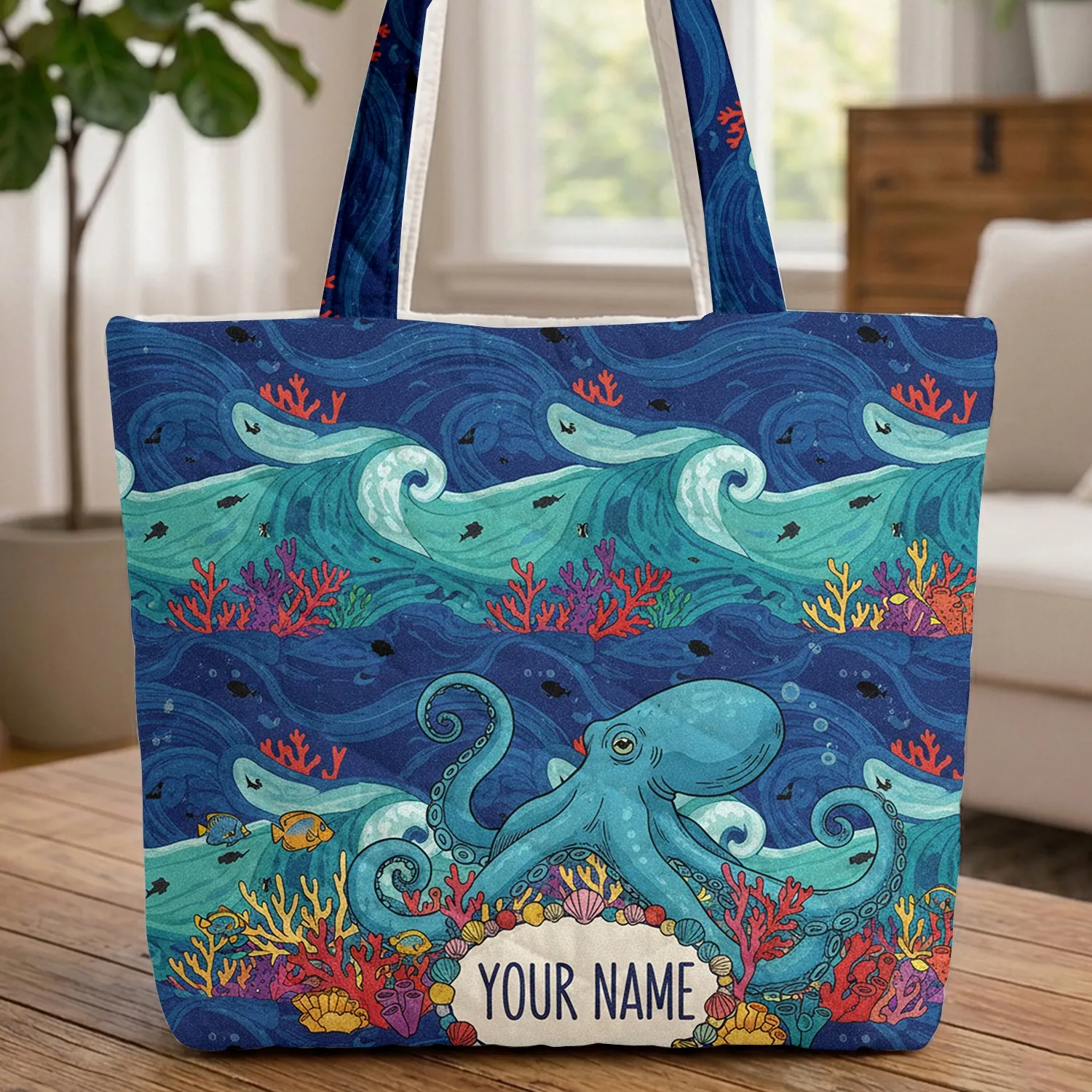 Blue Octopus Tropical Fish Coral Reef Personalized Ocean Lover Everyday Carry Gift Quilted Tote Bag - 1
