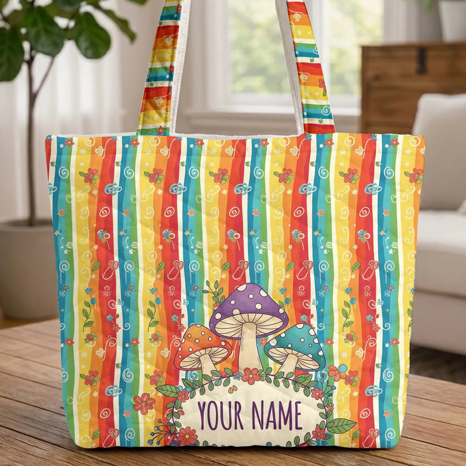 Vertical Rainbow Stripes Fantasy Mushrooms Floral Wreath - Everyday Carry Gift for Kids Quilted Tote Bag - 1