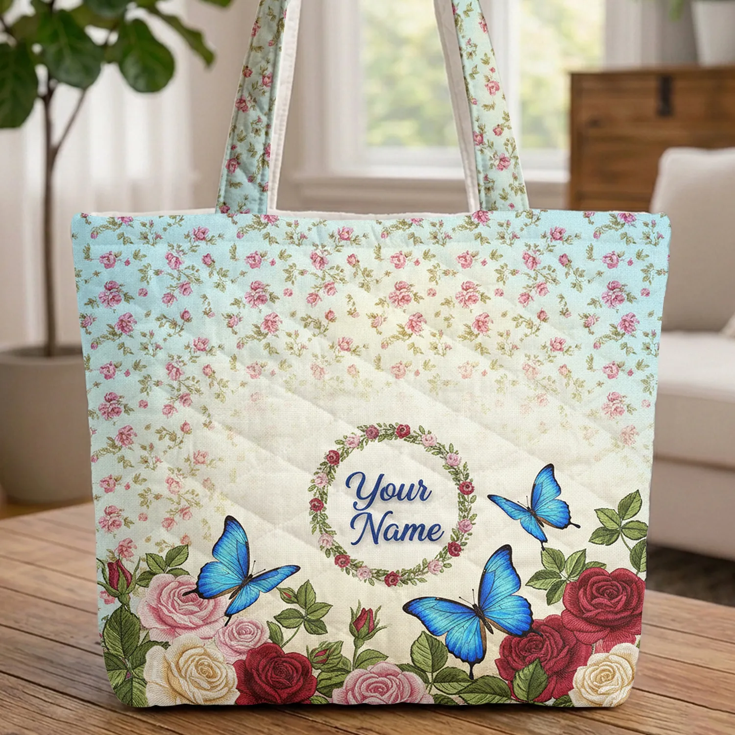 Rosebuds Blue Butterflies Floral Wreath - Everyday Carry Gift Quilted Tote Bag - 1