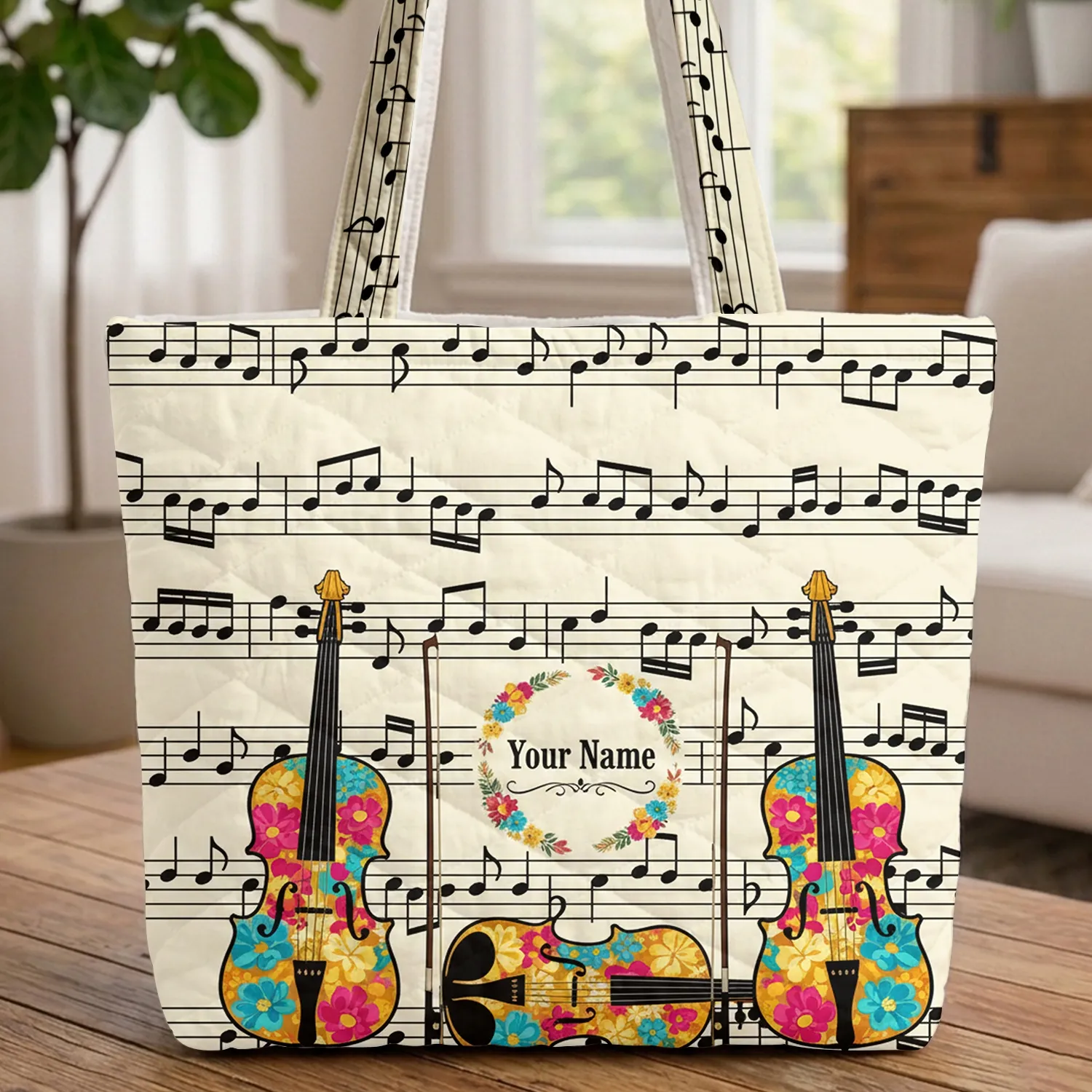 Ornate Floral Violins Music Notes Wreath - Everyday Carry Gift for Musician Quilted Tote Bag - 1