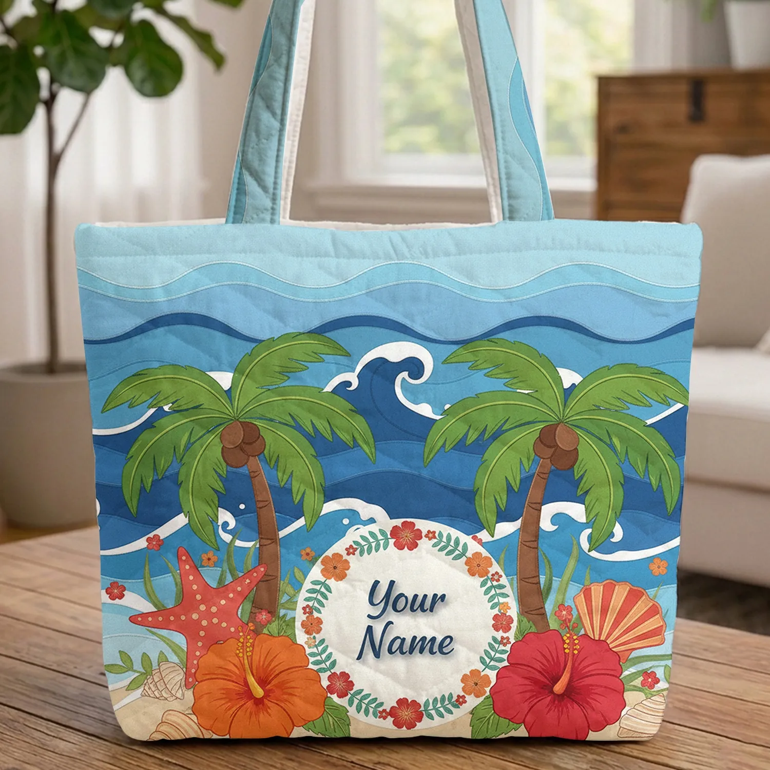 Tropical Palm Trees Hibiscus Starfish Leaf Garland - Travel Essentials Quilted Tote Bag - 1
