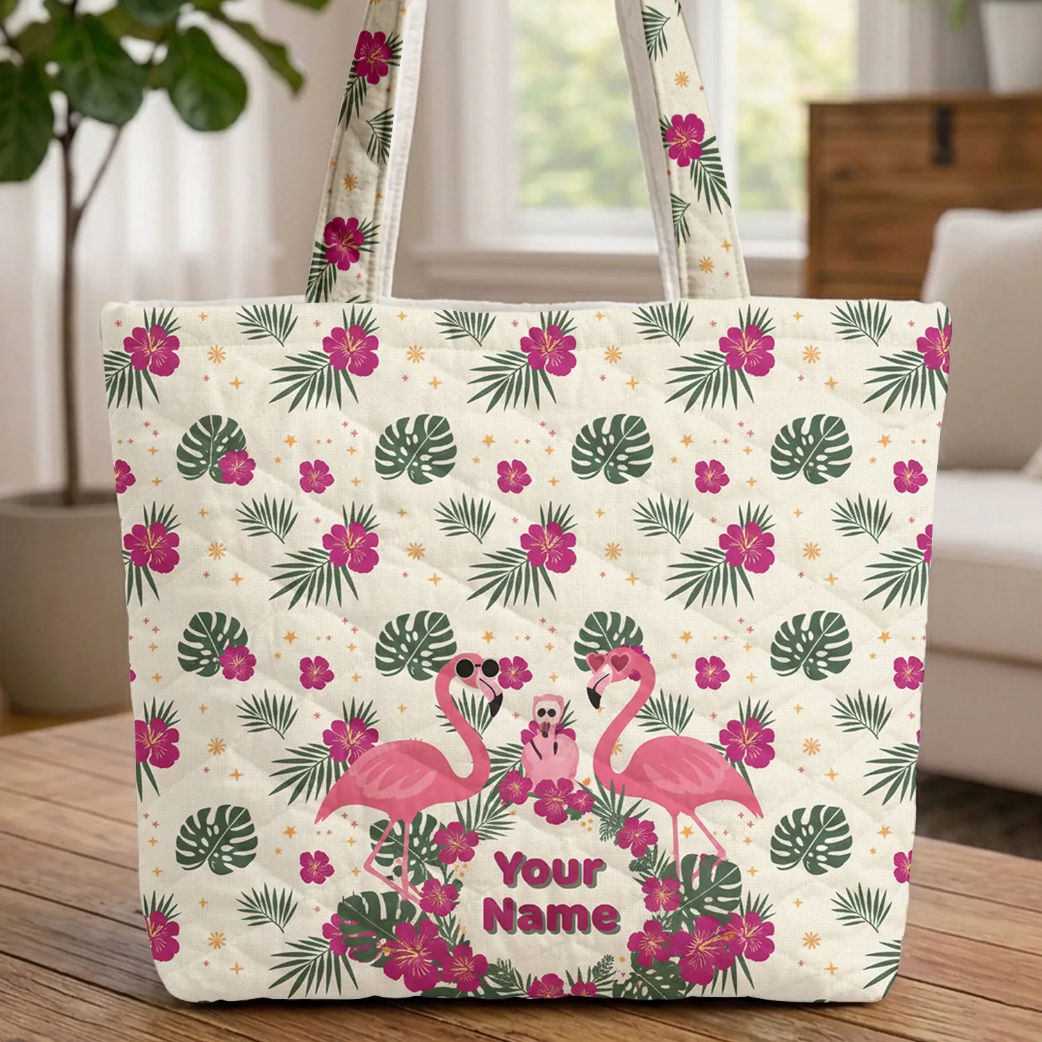 Flamingos Sunglasses Hibiscus Palm Frond Tropical Foliage - Travel Essentials Gift Quilted Tote Bag - 1