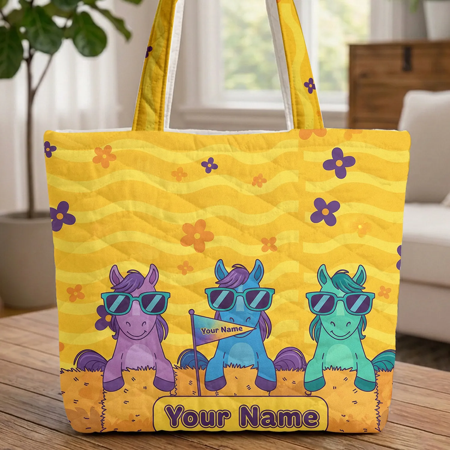 Cartoon Horses Sunglasses Hay Bales Pennant Flag Everyday Carry for Horse Lover Quilted Tote Bag - 1