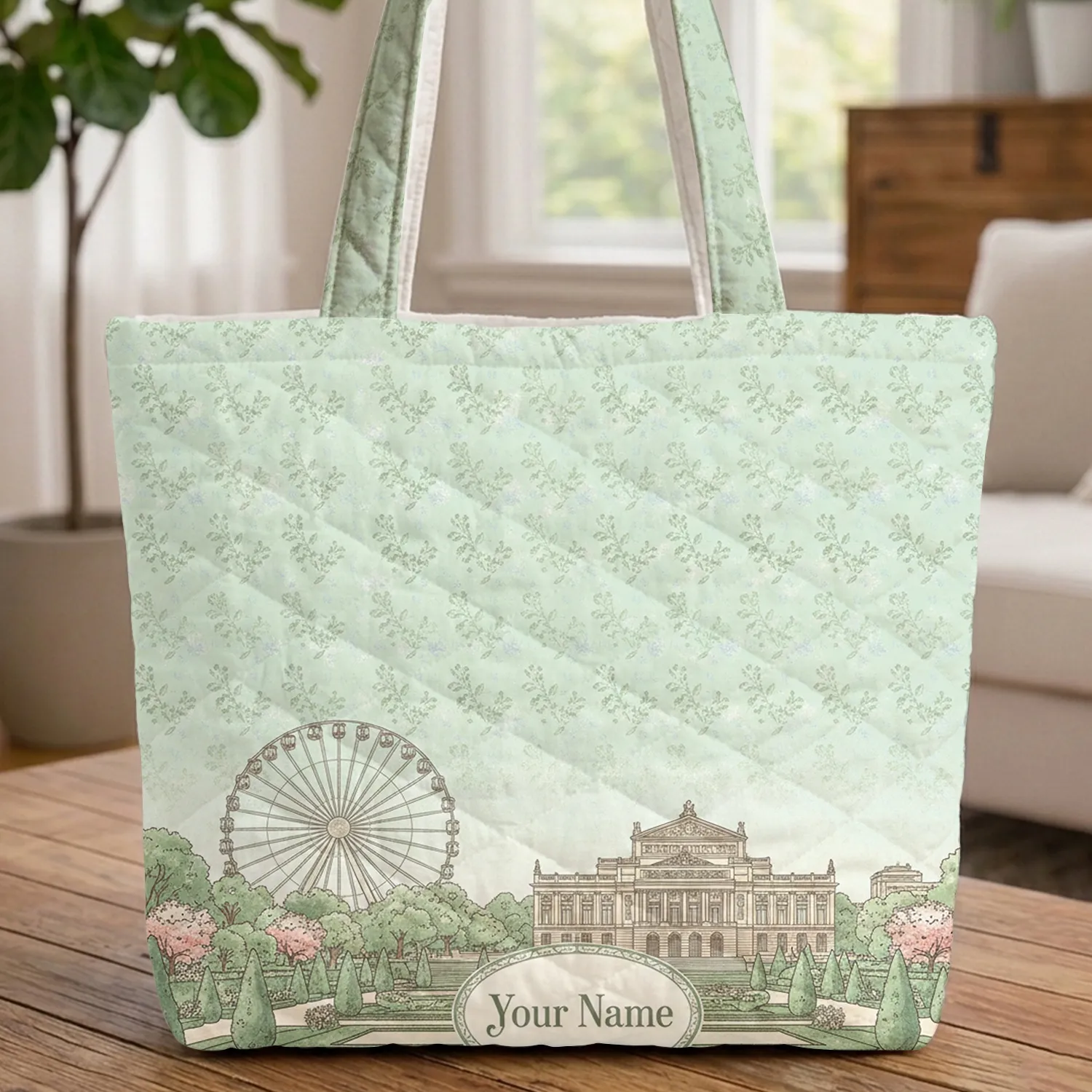 Victorian Park Ferris Wheel Neoclassical Building Formal Gardens - Travel Companion Gift Quilted Tote Bag - 1