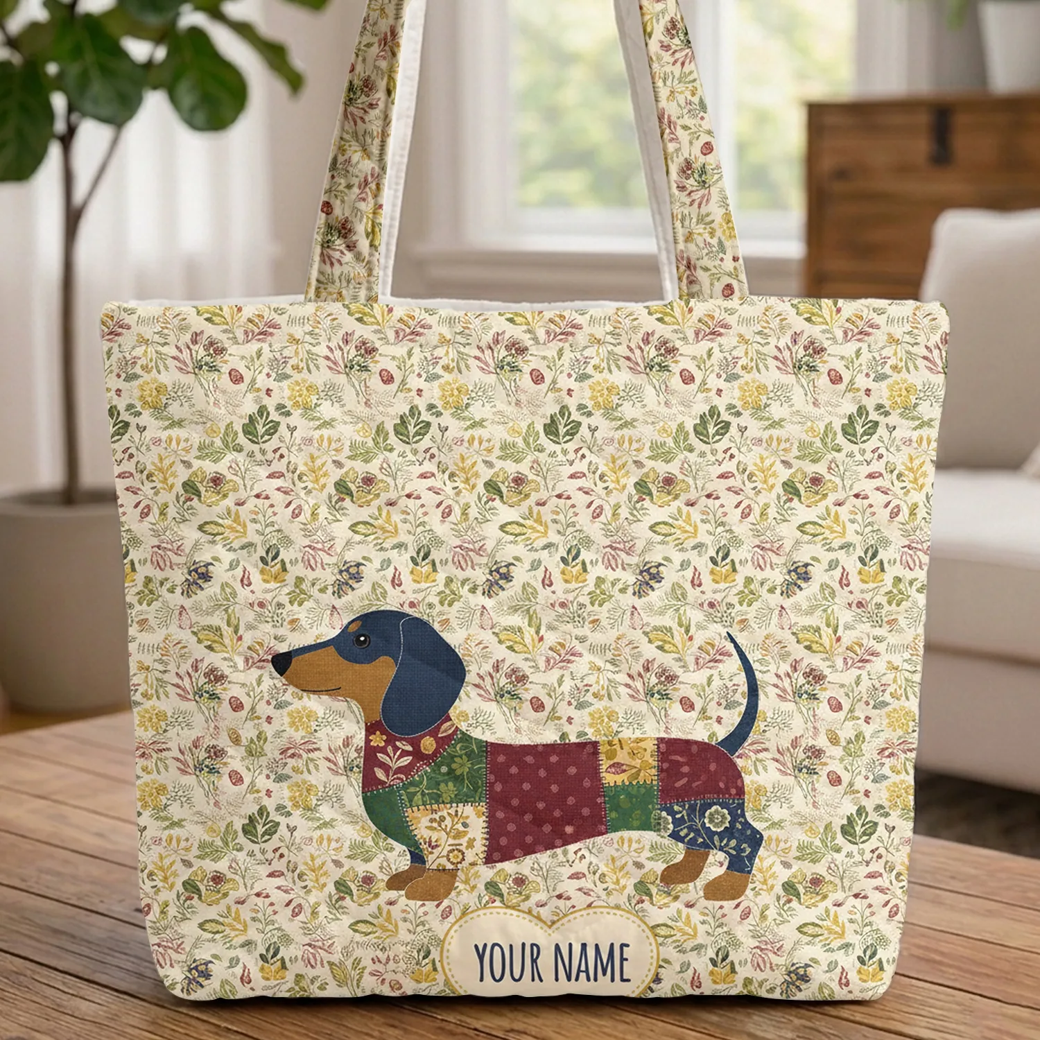 Patchwork Dachshund Dog Vintage Botanical - Everyday Carry Gift for Dachshund Lovers Quilted Tote Bag - 1